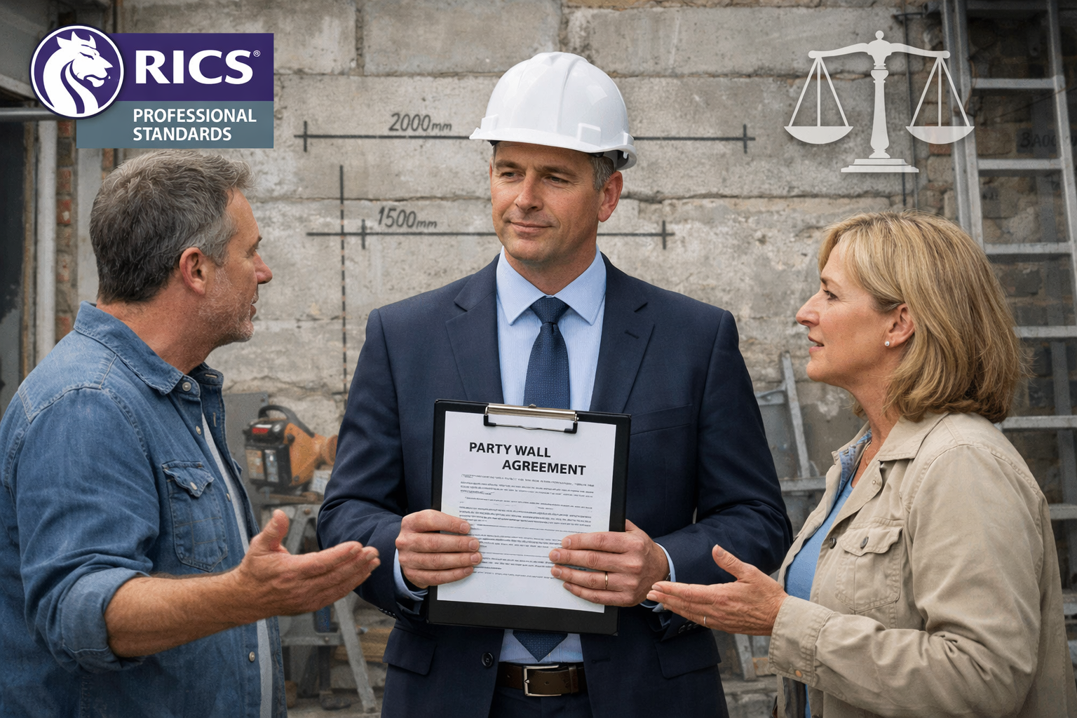 Detailed () image showing professional party wall surveyor in business attire and hard hat standing between two adjoining