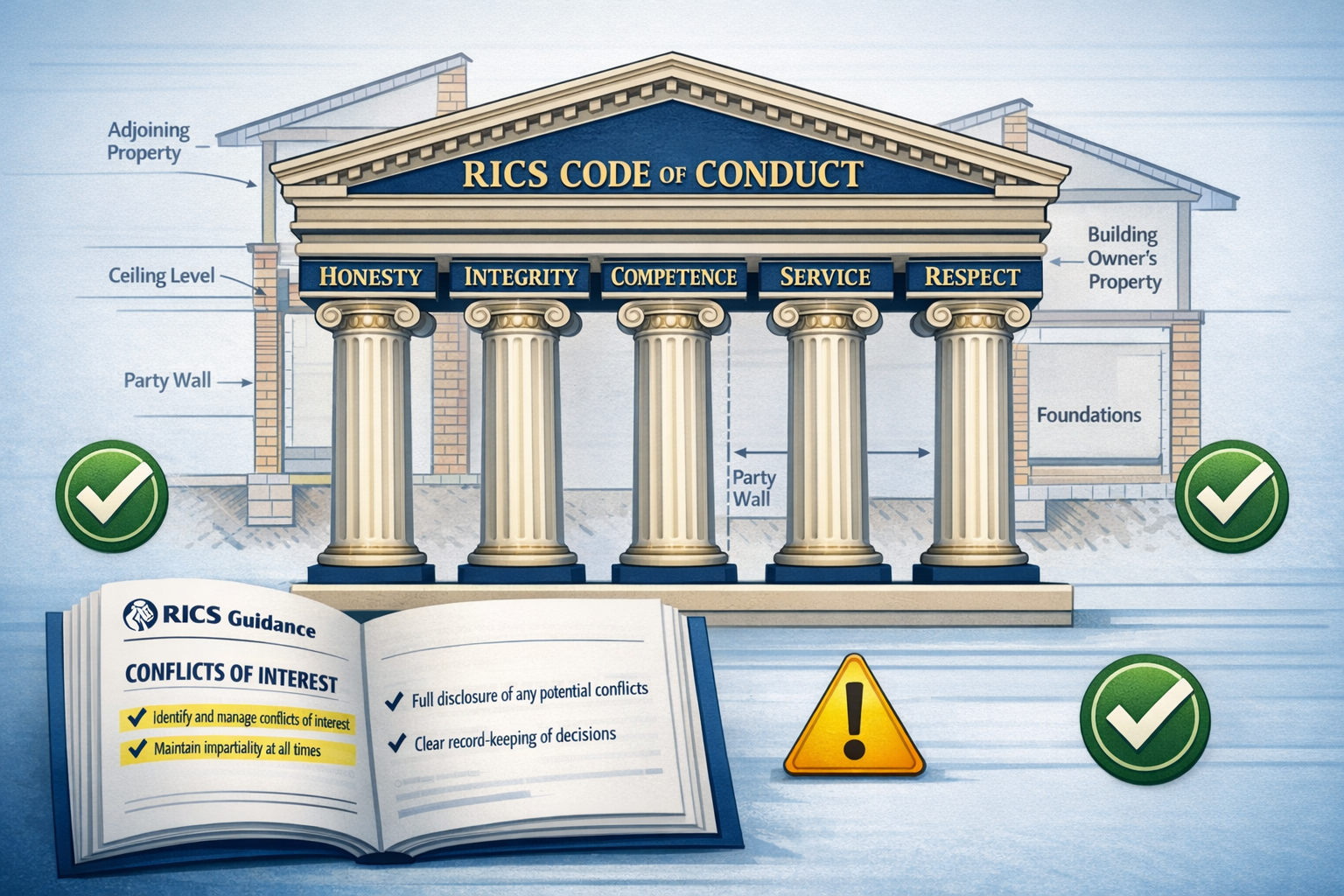 Detailed () infographic-style image displaying RICS Code of Conduct framework as central visual element with five pillars