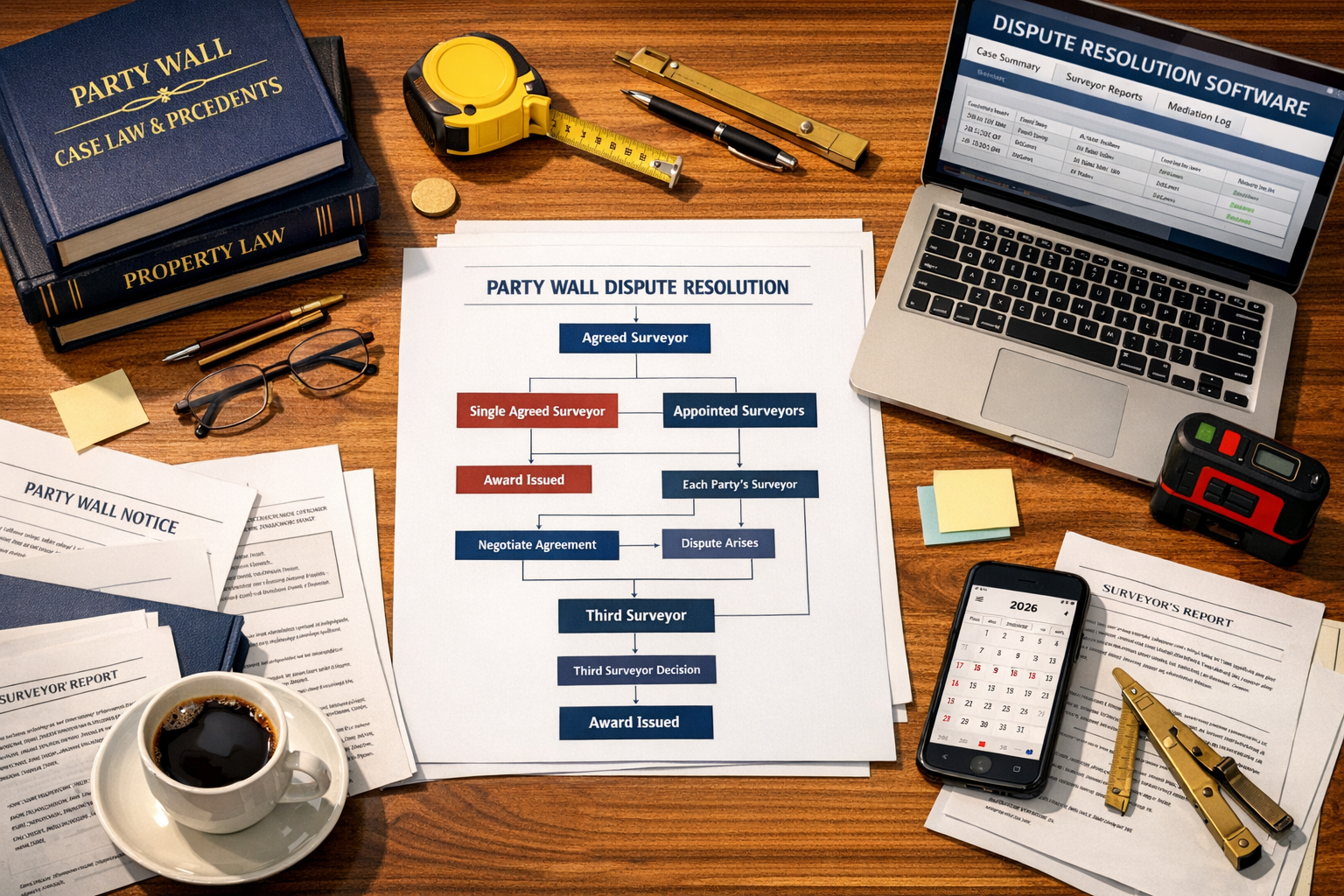 Detailed () image showing bird's eye view of modern desk workspace with multiple party wall dispute case files spread across