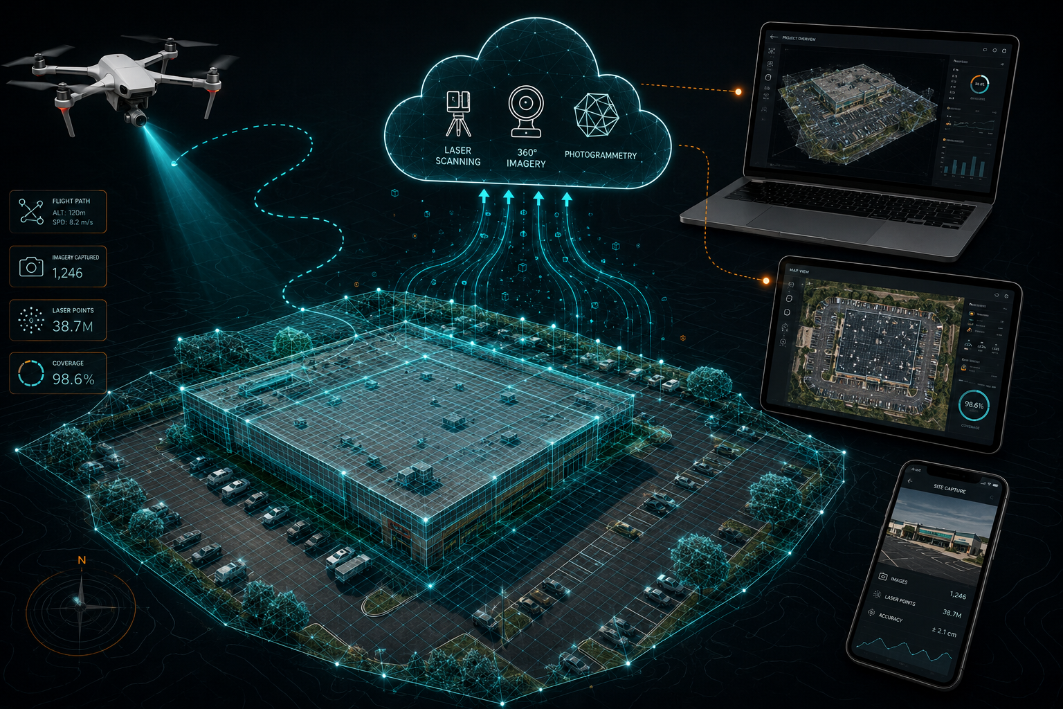 () top-down aerial perspective infographic showing a commercial property site overlaid with a digital twin mesh grid in
