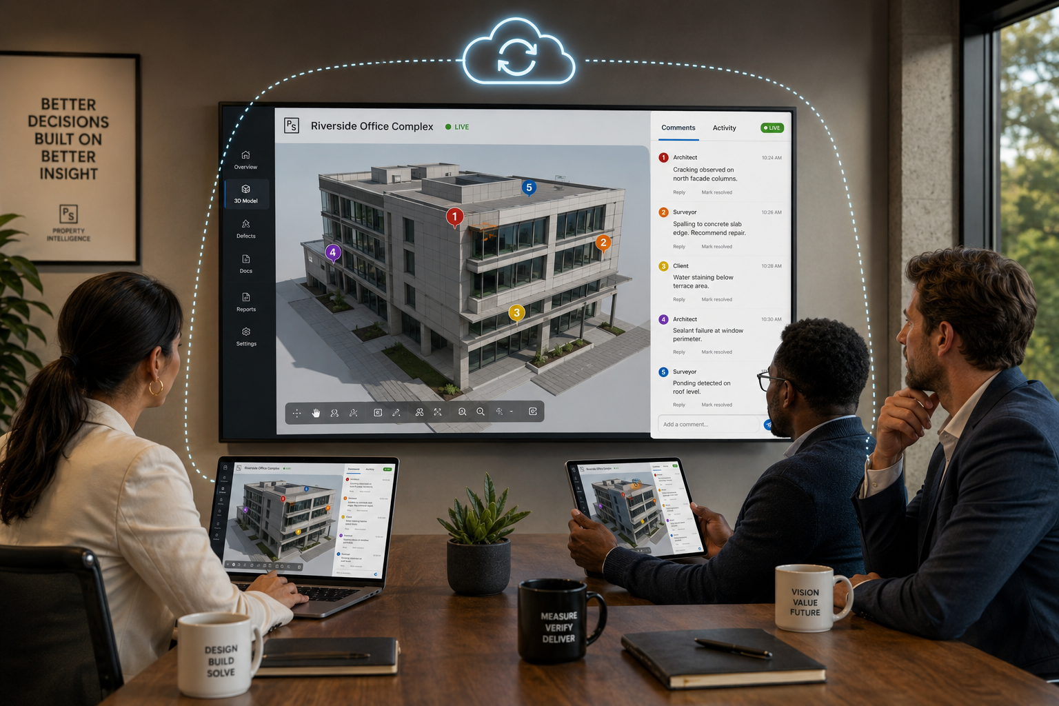 () boardroom-style scene showing three professionals — an architect, a property surveyor, and a client — each viewing the