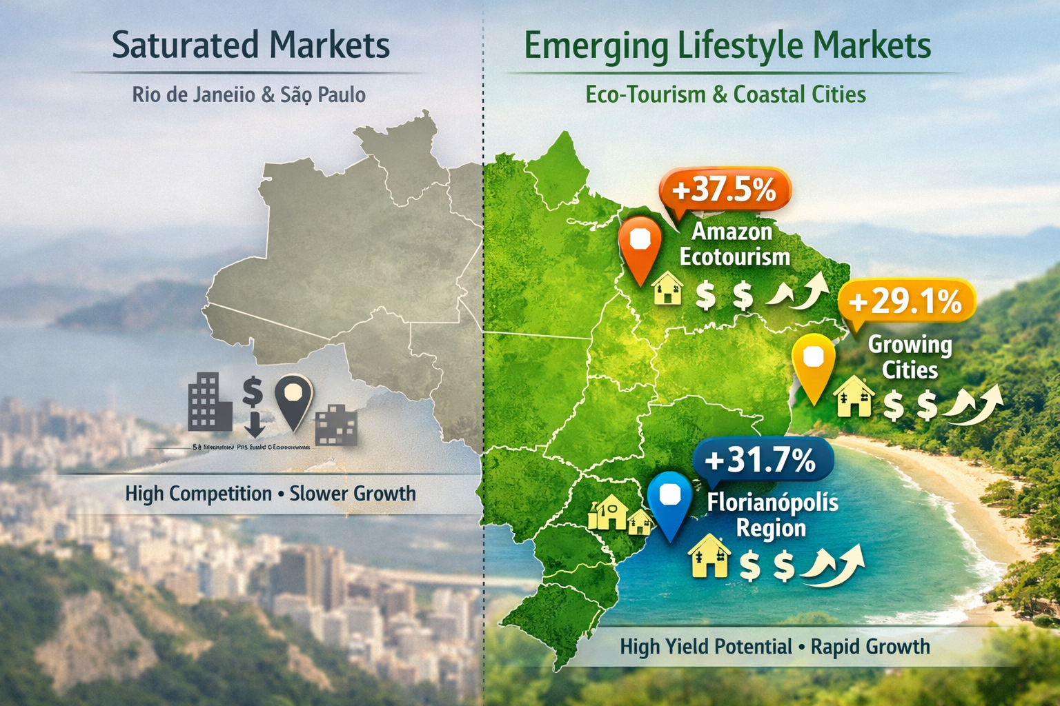 Detailed () infographic-style image showing map of Brazil with highlighted emerging lifestyle markets, featuring colorful