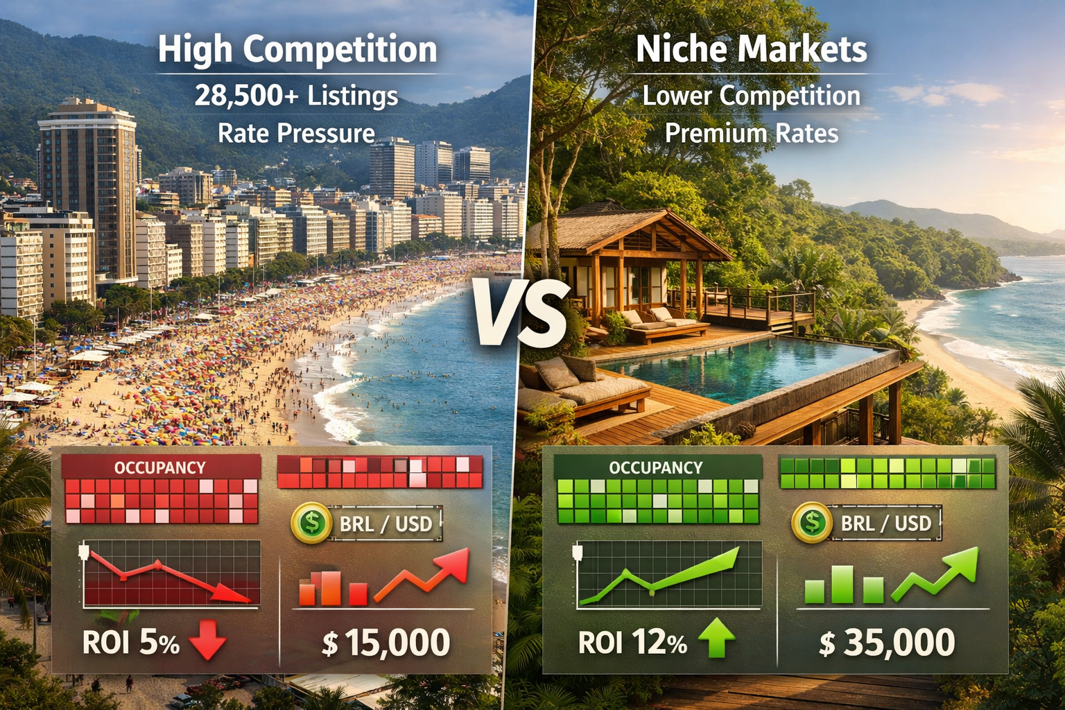 Detailed () comparison visualization showing two distinct property investment scenarios side-by-side. Left panel: crowded