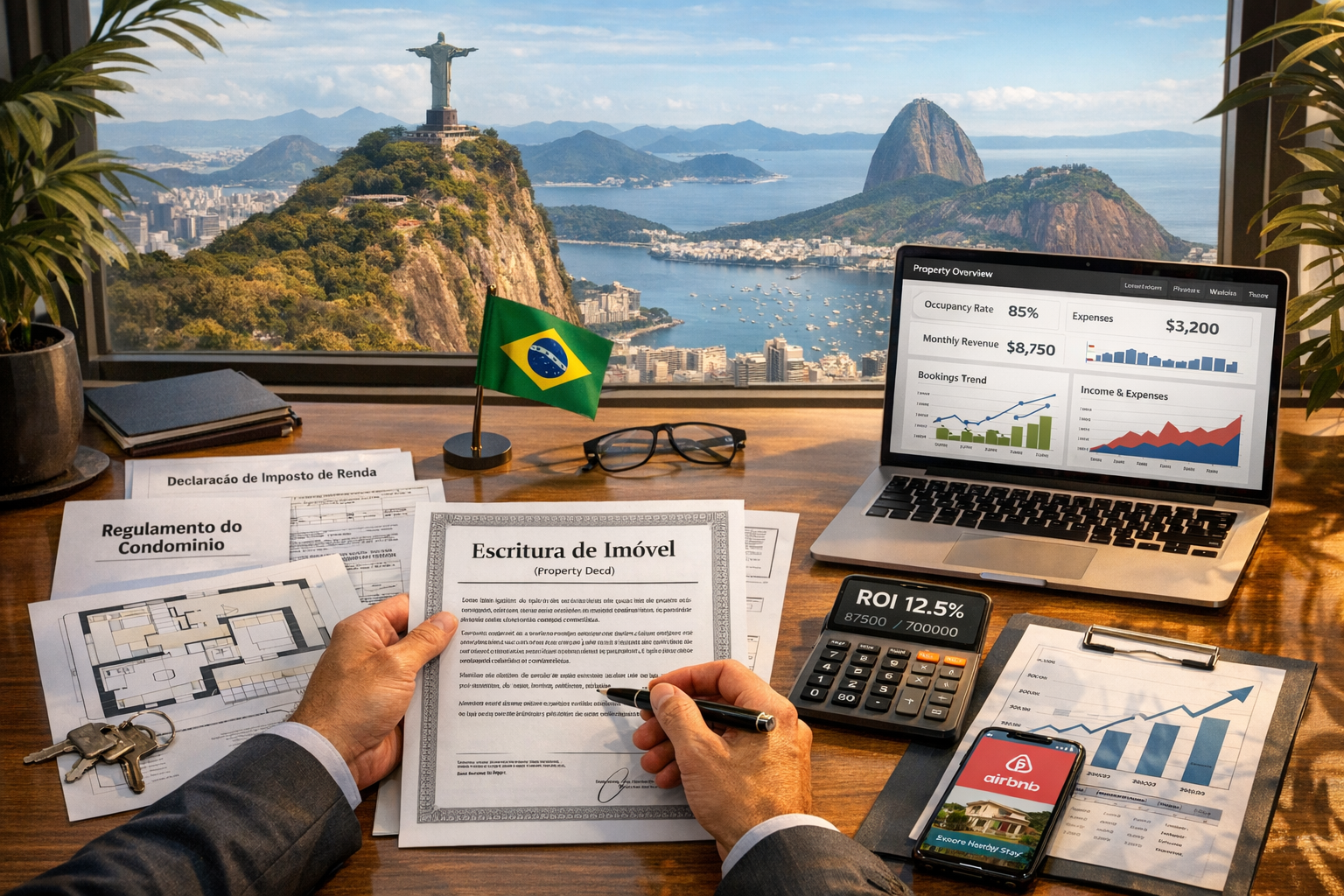 Detailed () professional business concept image showing international investor reviewing Brazilian property documents and