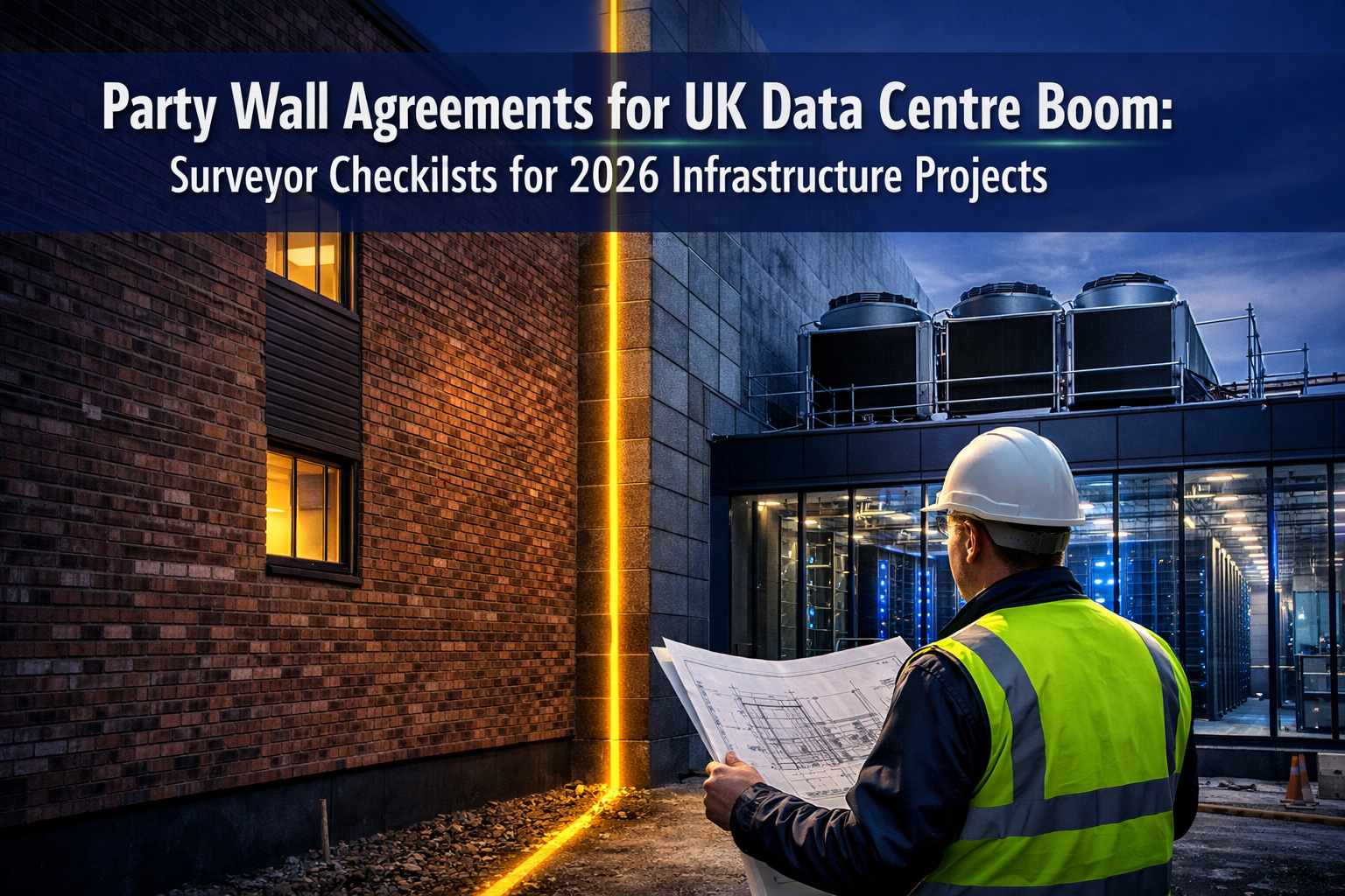 Professional landscape format (1536x1024) hero image featuring bold text overlay 'Party Wall Agreements for UK Data Centre Boom: Surveyor Ch