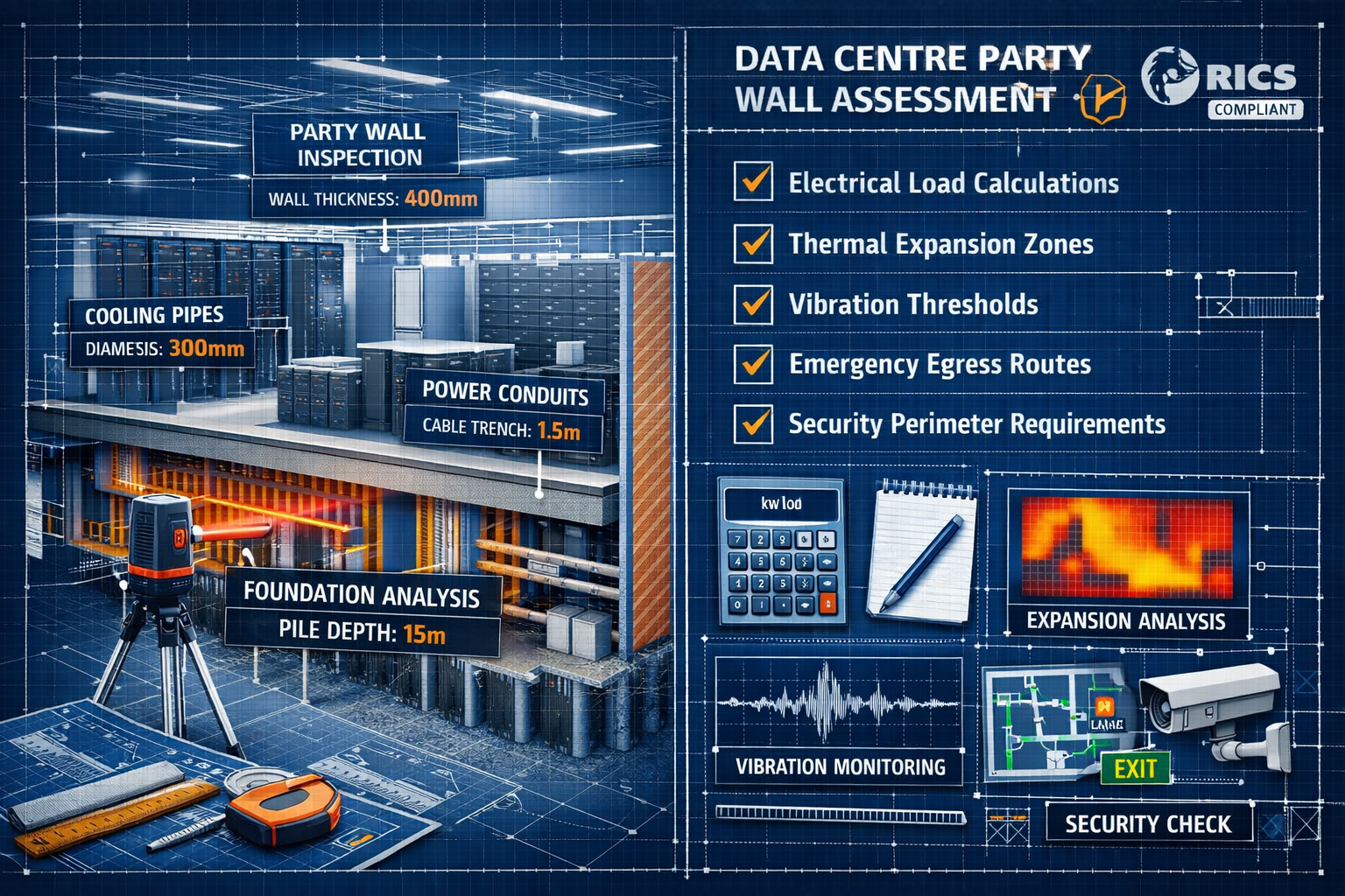 Landscape format (1536x1024) comprehensive surveyor's checklist visualization for data centre party wall assessments. Split-screen compositi