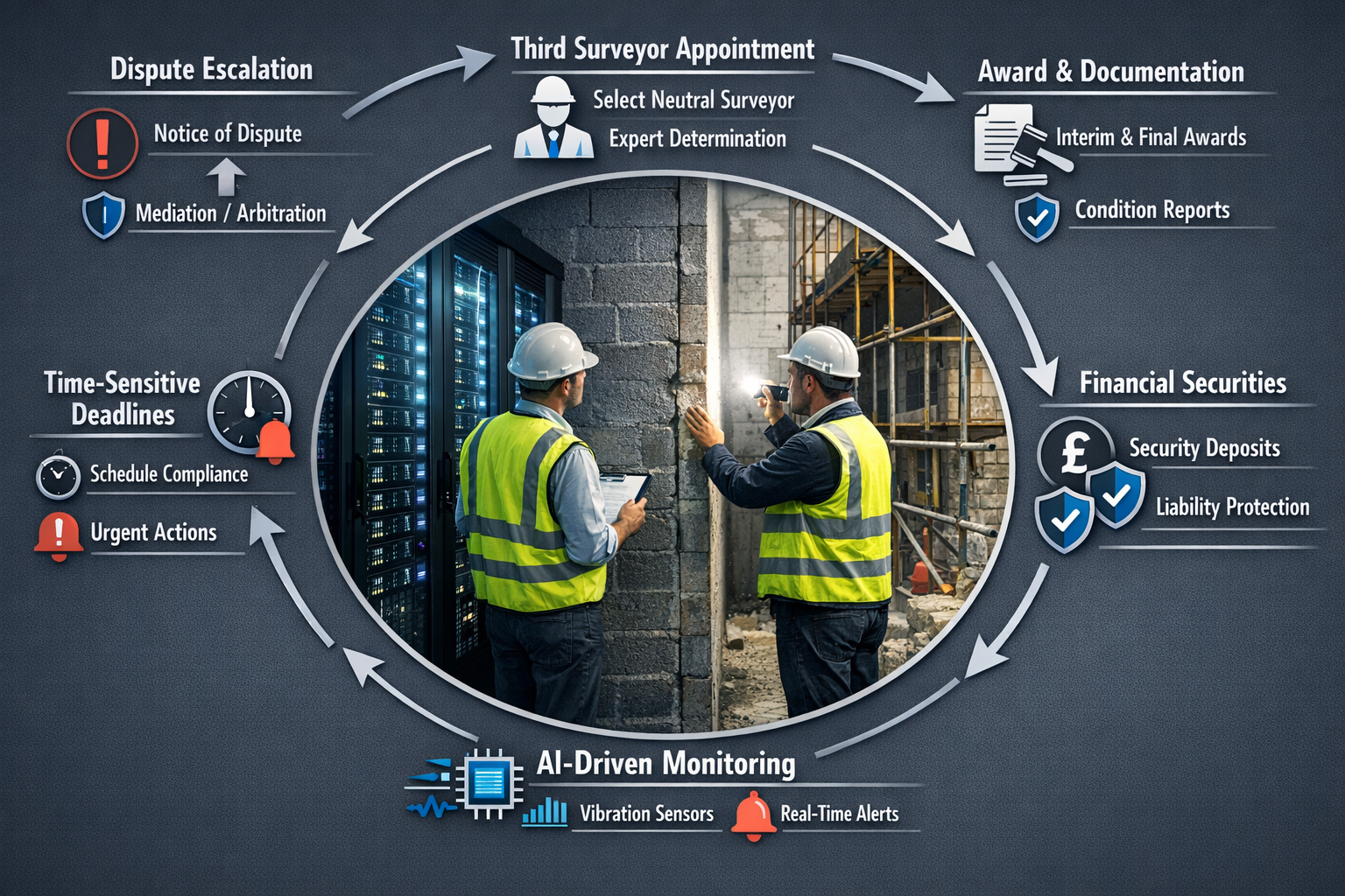 Landscape format (1536x1024) sophisticated dispute resolution and risk mitigation diagram for high-stakes data centre party wall scenarios. 