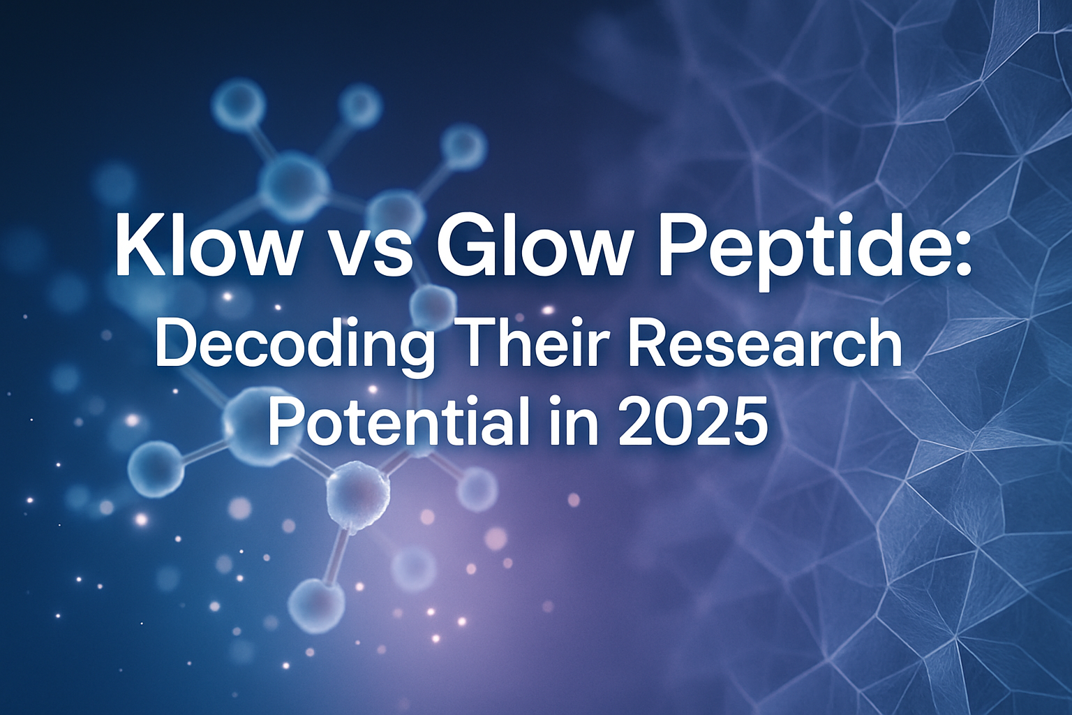 Professional landscape hero image (1536x1024) with bold text overlay: 'Klow vs Glow Peptide: Decoding Their Research Potential in 2025', mod