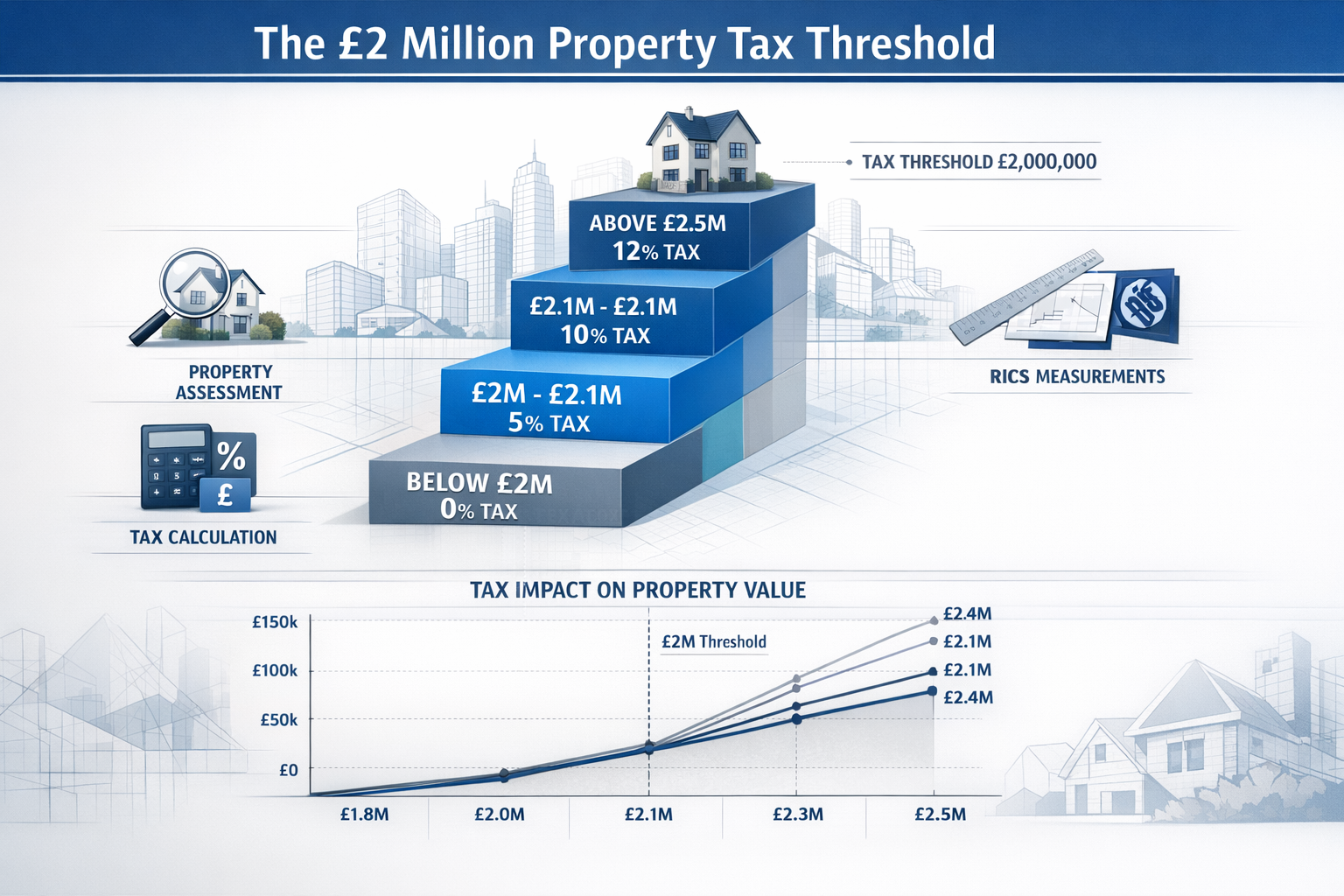 A detailed, data-driven design. Central graphic shows a stylized property value ladder with color-coded tax brackets,