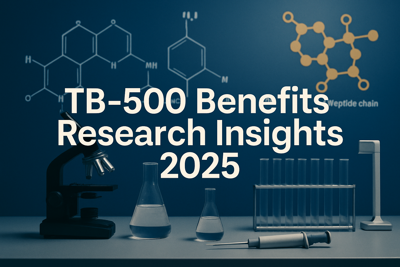 Professional landscape hero image (1536x1024) with bold text overlay 'TB-500 Benefits: Research Insights 2025' in 70pt white sans-serif font