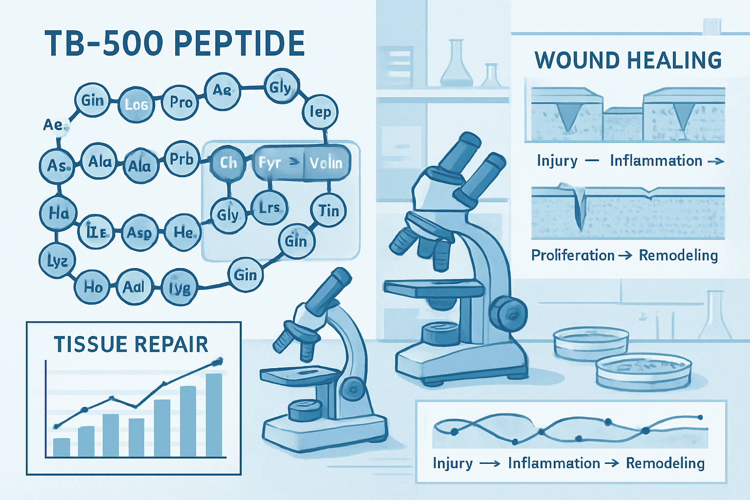 Detailed scientific illustration showing TB-500 peptide molecular structure with highlighted amino acid sequences, research laboratory setti