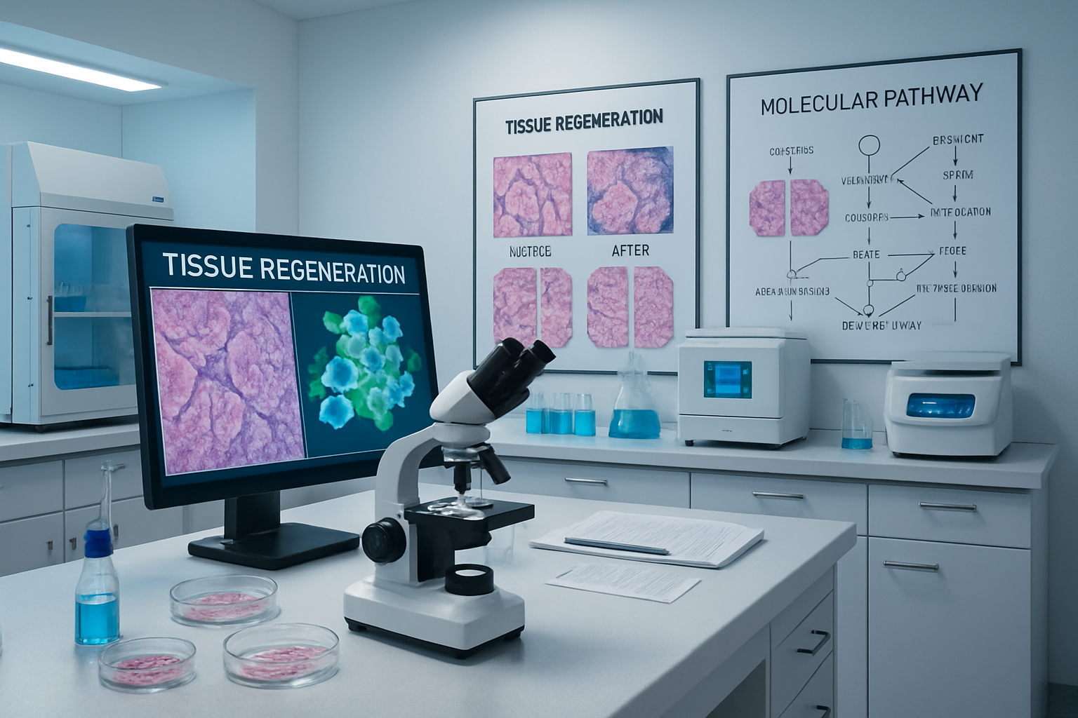 Research laboratory scene featuring tissue samples under microscopic examination, cellular regeneration process visualization, before-and-af