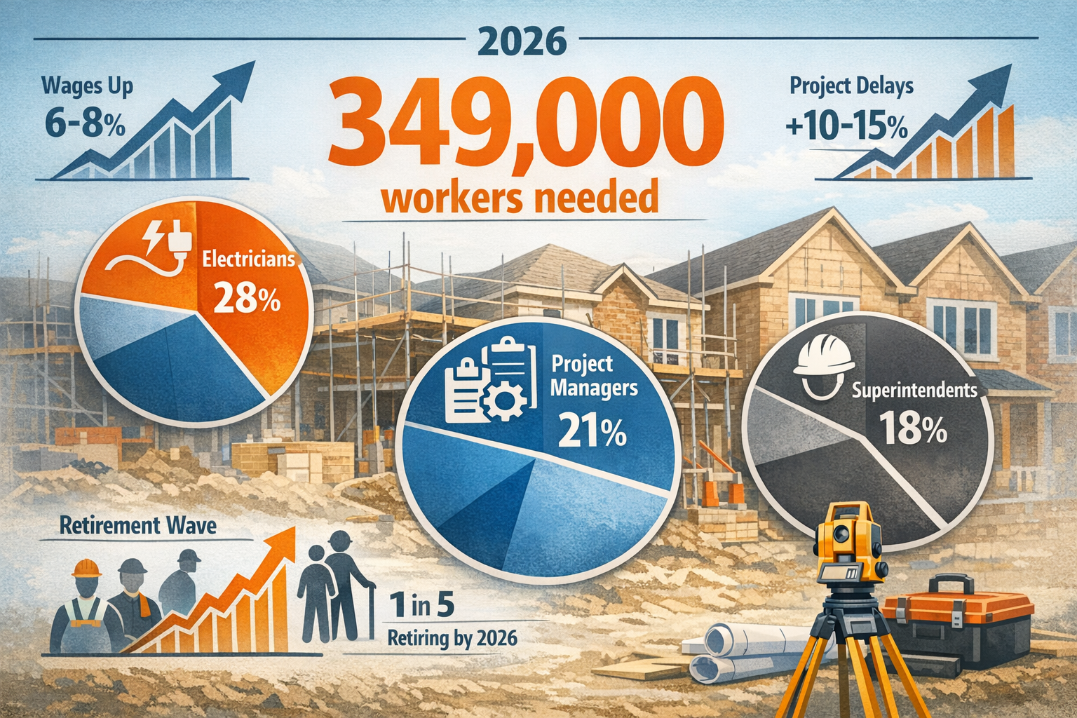 Detailed landscape format (1536x1024) image showing infographic-style visualization of construction labor shortage statistics for 2026. Cent