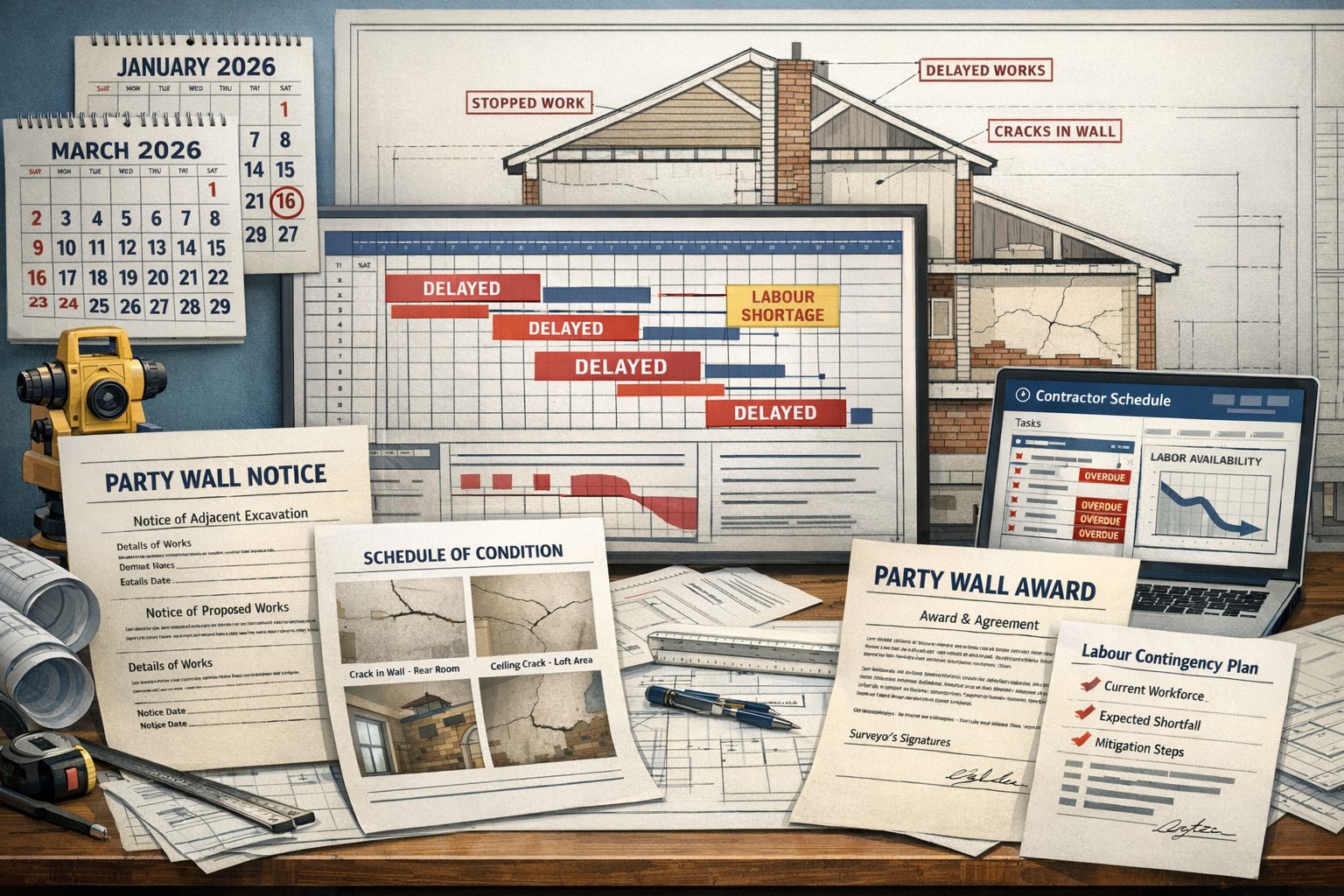 Detailed landscape format (1536x1024) conceptual illustration depicting party wall notice documentation and legal framework amid labor const