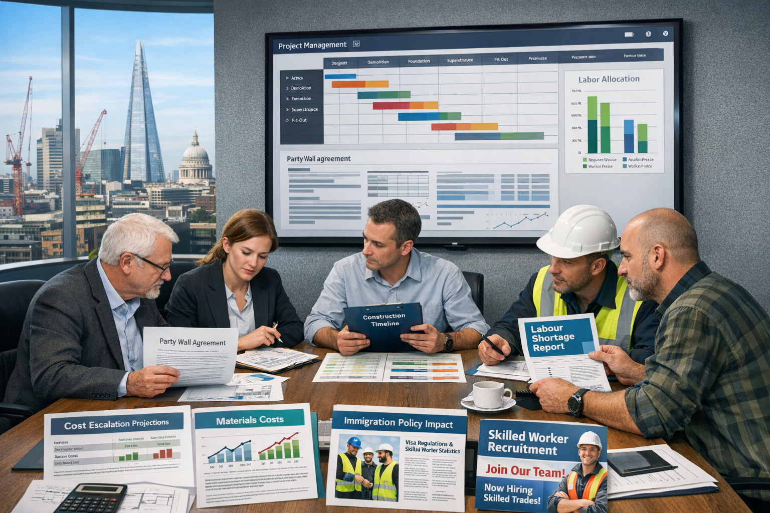 Detailed landscape format (1536x1024) image showing strategic planning session for party wall projects in labor shortage environment. Centra
