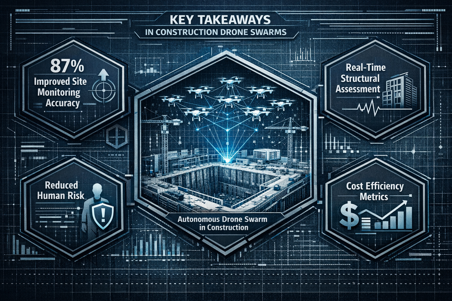 Key Takeaways infographic for autonomous drone swarm technology in construction monitoring, featuring a dynamic