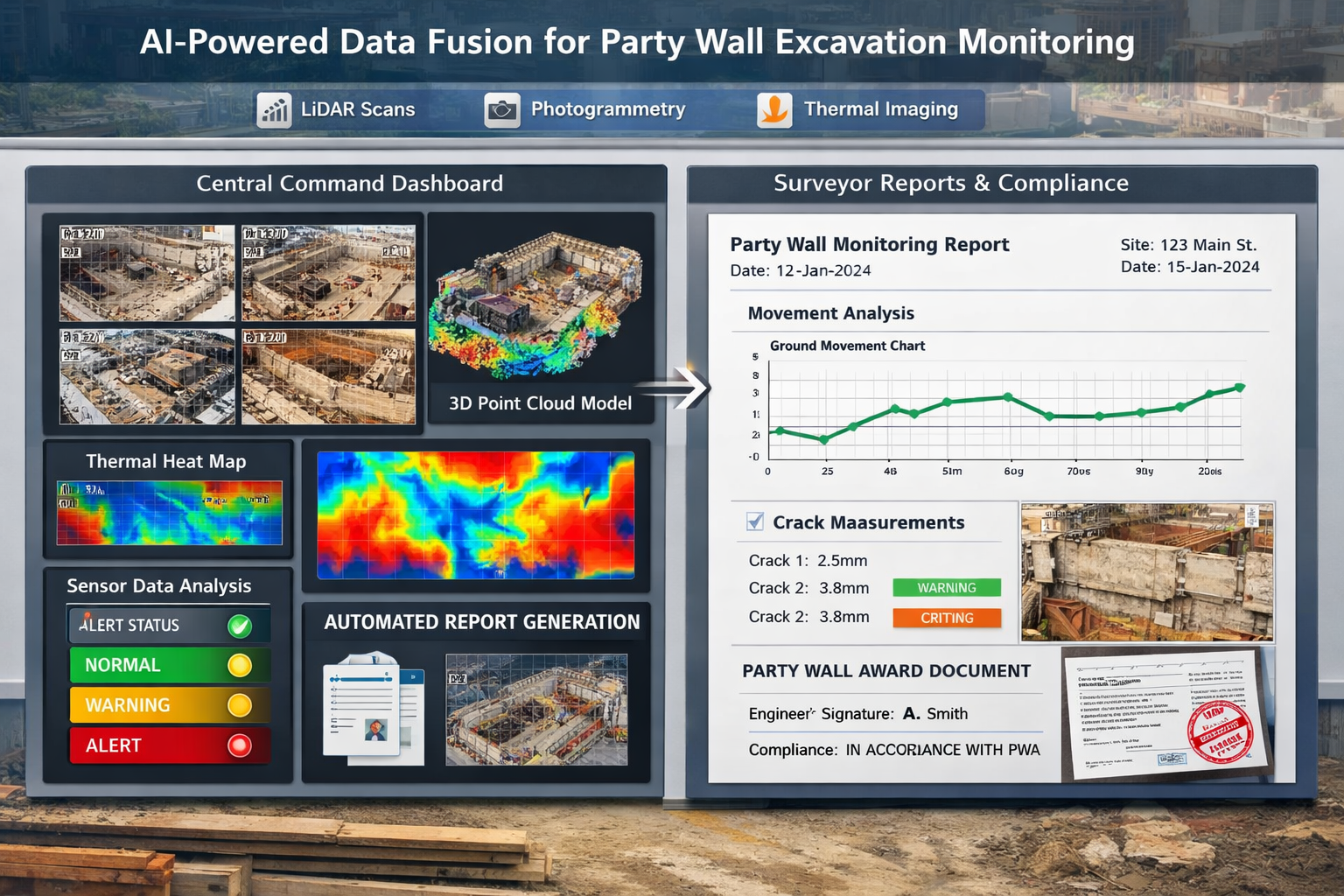 () infographic-style visualization depicting AI-powered data fusion workflow for party wall excavation monitoring. Central