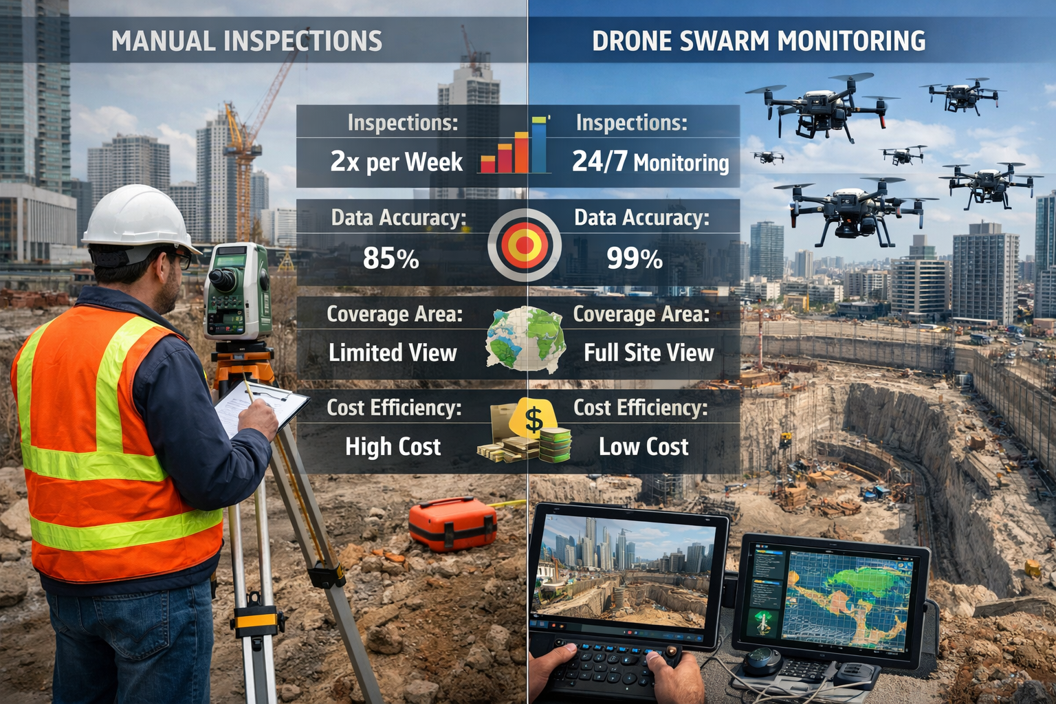 () comparative before-and-after visualization showing traditional manual party wall monitoring versus autonomous drone swarm