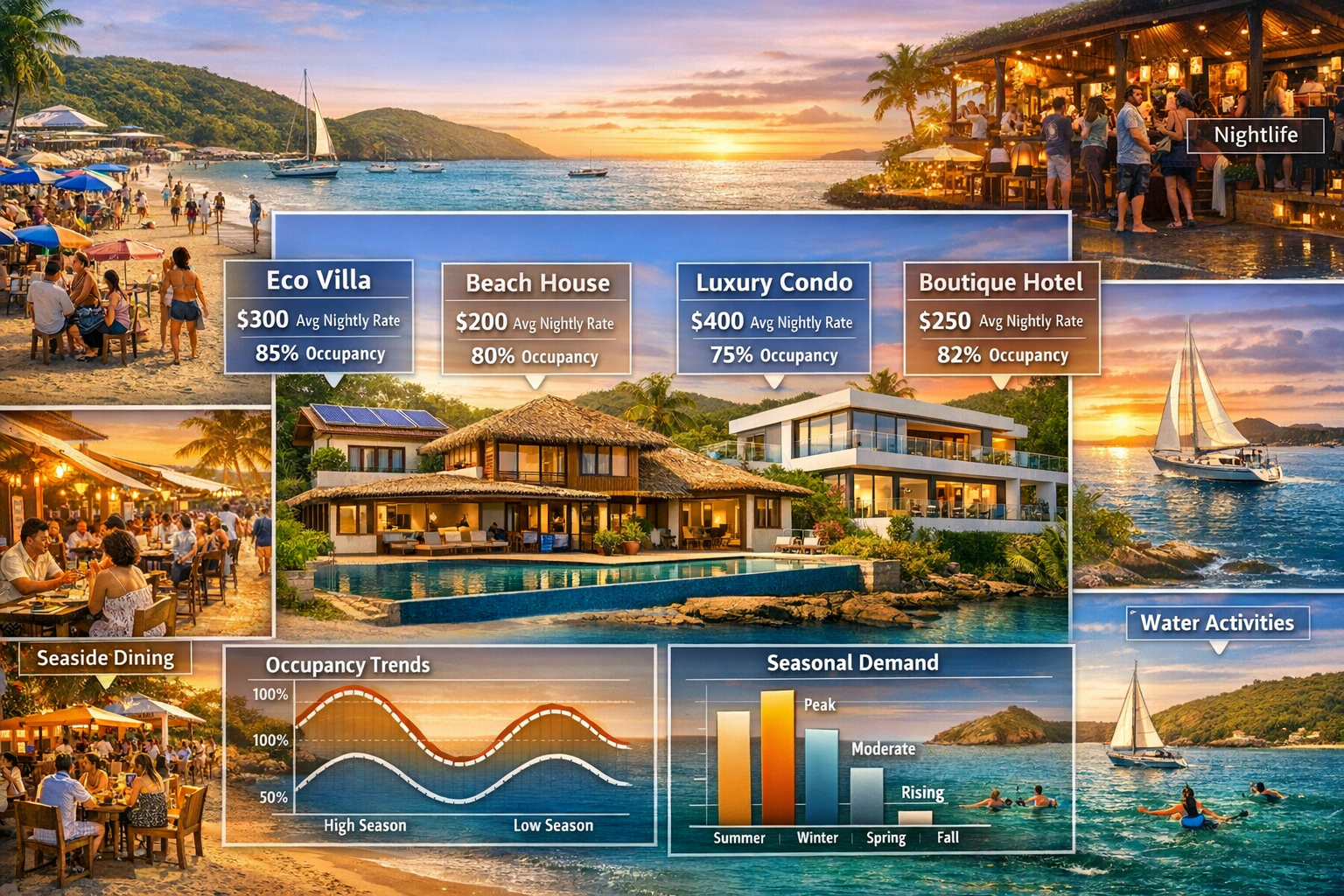 Detailed landscape format (1536x1024) image depicting Búzios tourism recovery and property types. Center shows collage of different beachfro