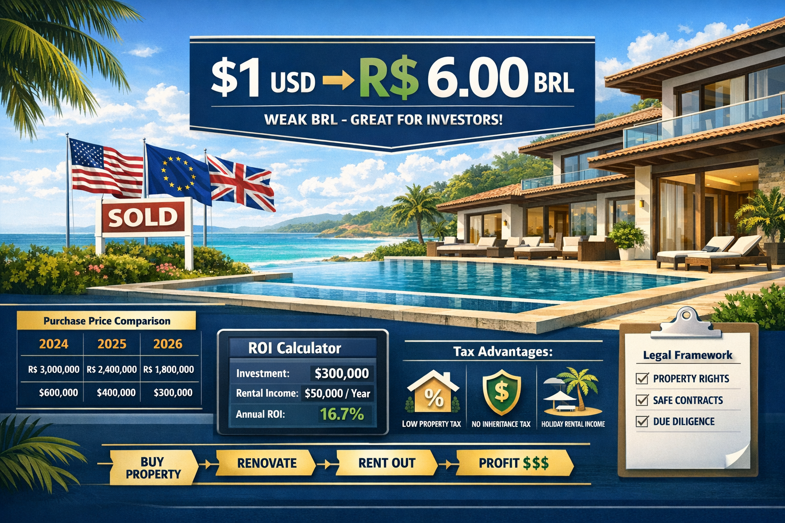 Detailed landscape format (1536x1024) image illustrating international buyer advantages in 2026 weak BRL market. Central focus on currency e