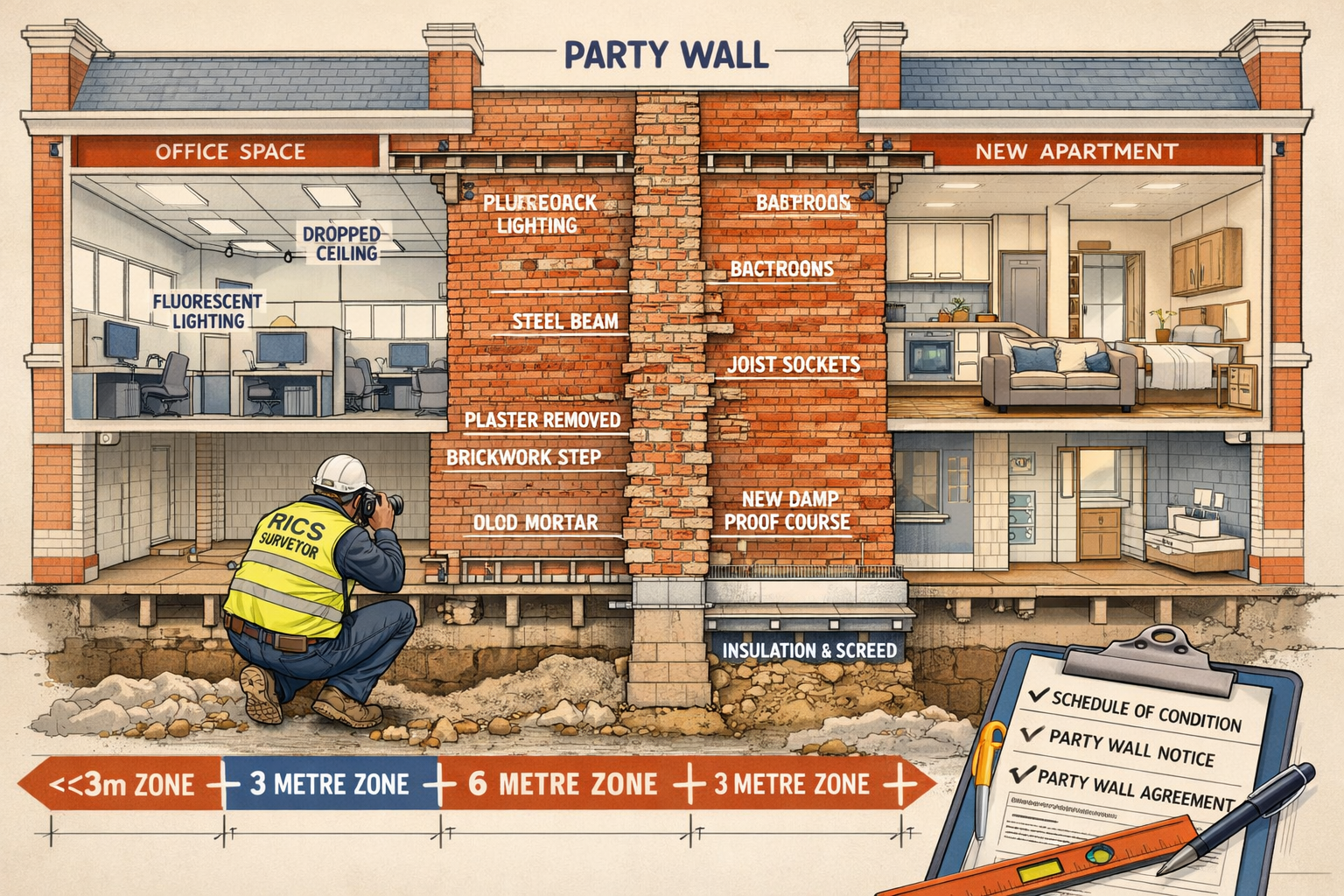 Landscape format (1536x1024) detailed cutaway architectural illustration showing a typical high street building party wall between two Victo