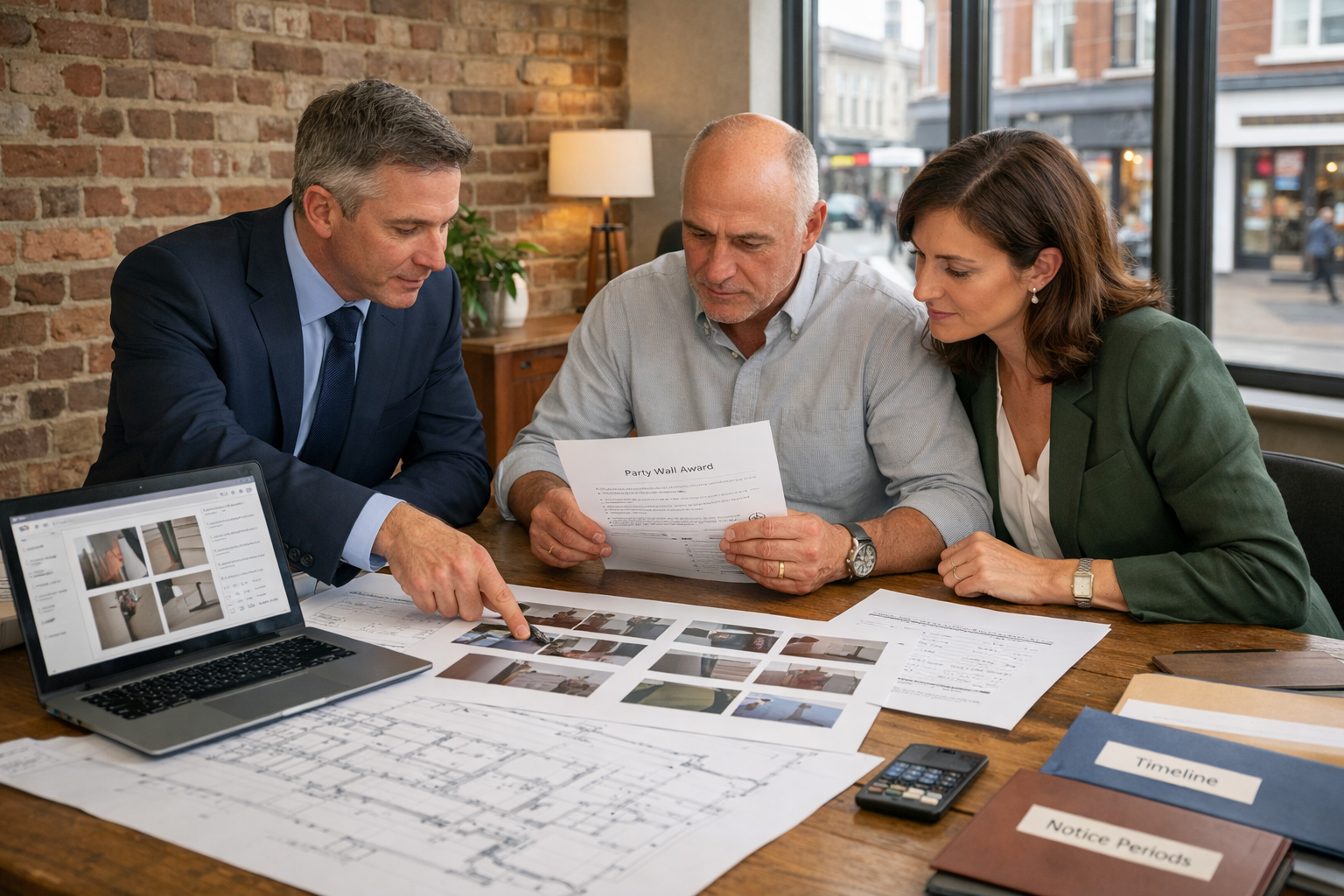 Landscape format (1536x1024) professional scene inside a converted high street building showing three people around a large table reviewing 