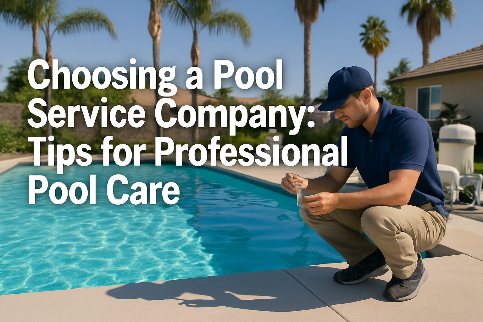 Professional landscape hero image (1536x1024) featuring bold text overlay 'Choosing a Pool Service Company: Tips for Professional Pool Care'