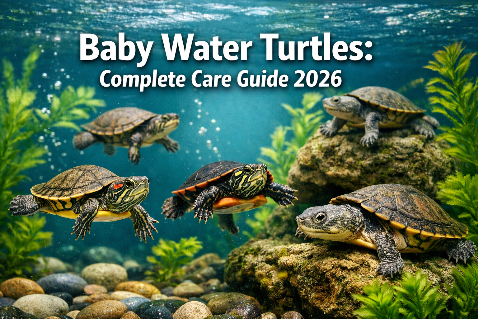 Professional landscape hero image (1536x1024) featuring bold text overlay 'Baby Water Turtles: Complete Care Guide 2026' in extra large 70pt