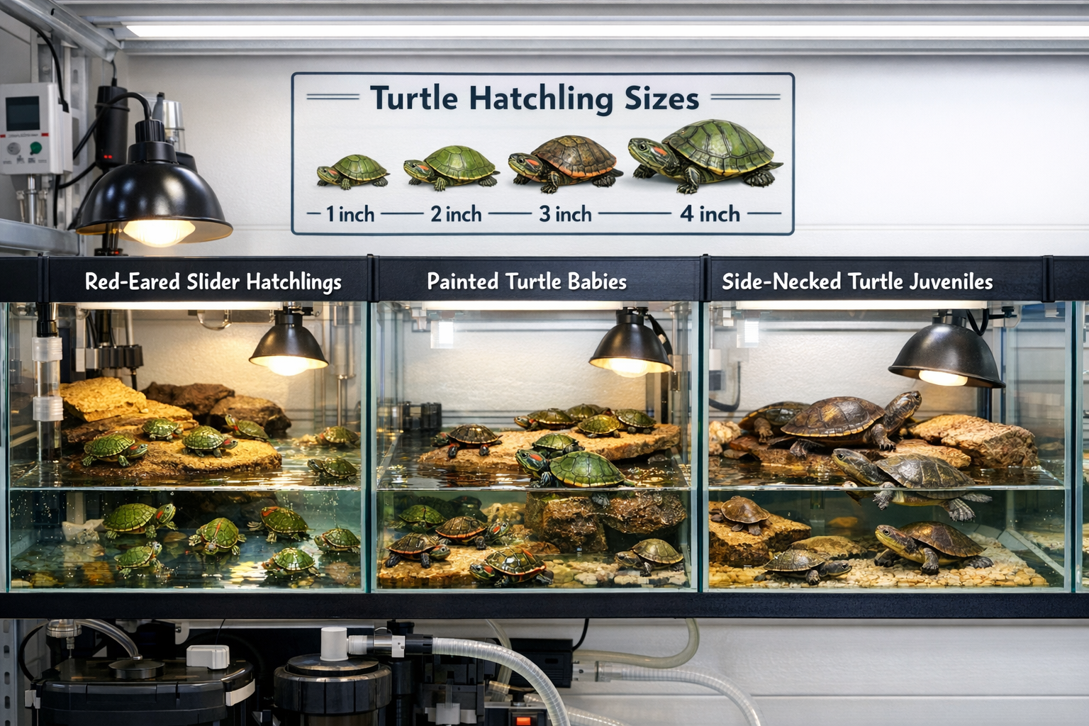 Detailed aquarium setup showing various baby water turtle species including red-eared slider hatchlings, painted turtle babies, and side-nec