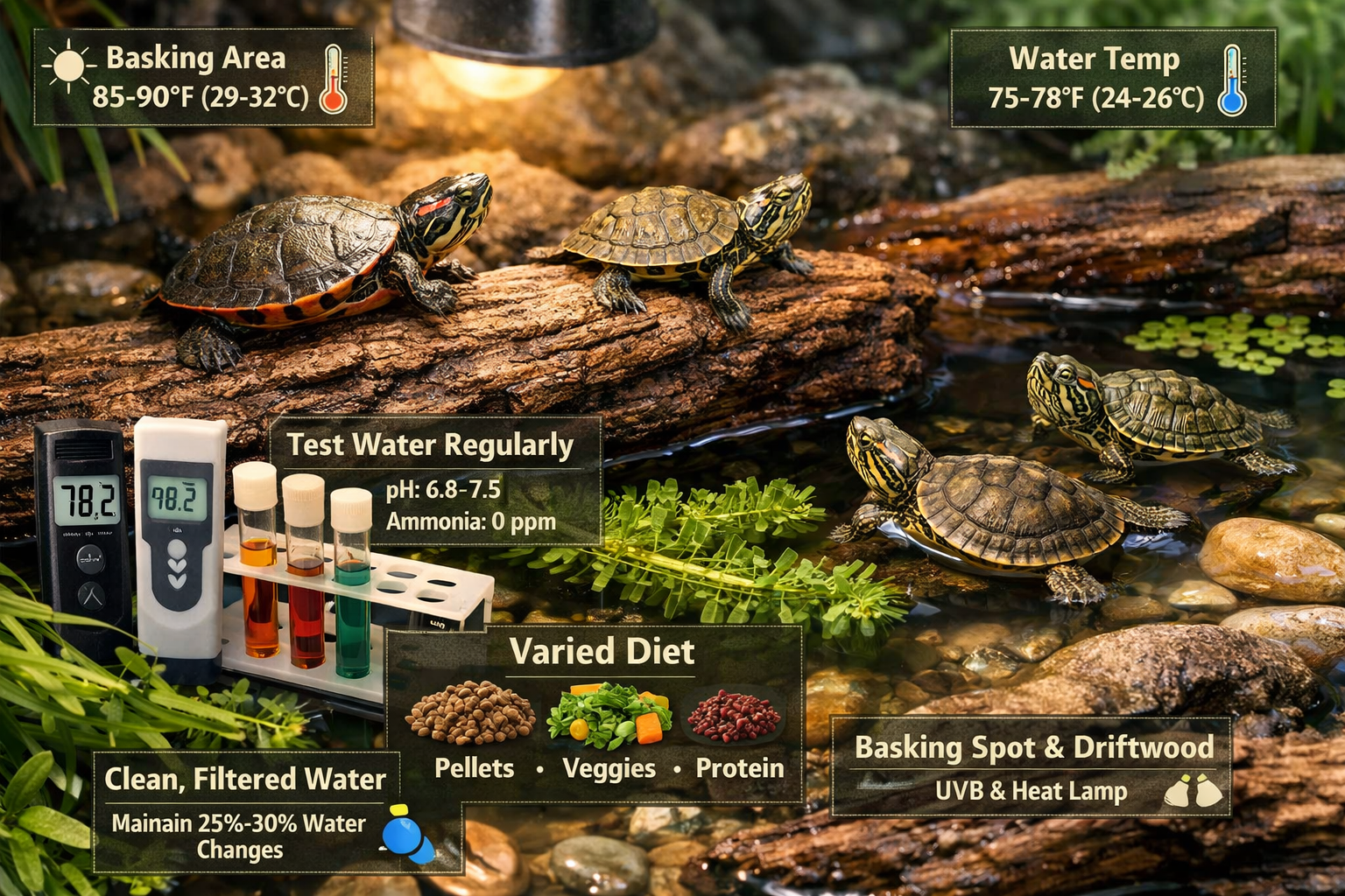 Close-up lifestyle image of baby water turtles in naturalistic habitat setup showing proper care elements: temperature gradients, water qual