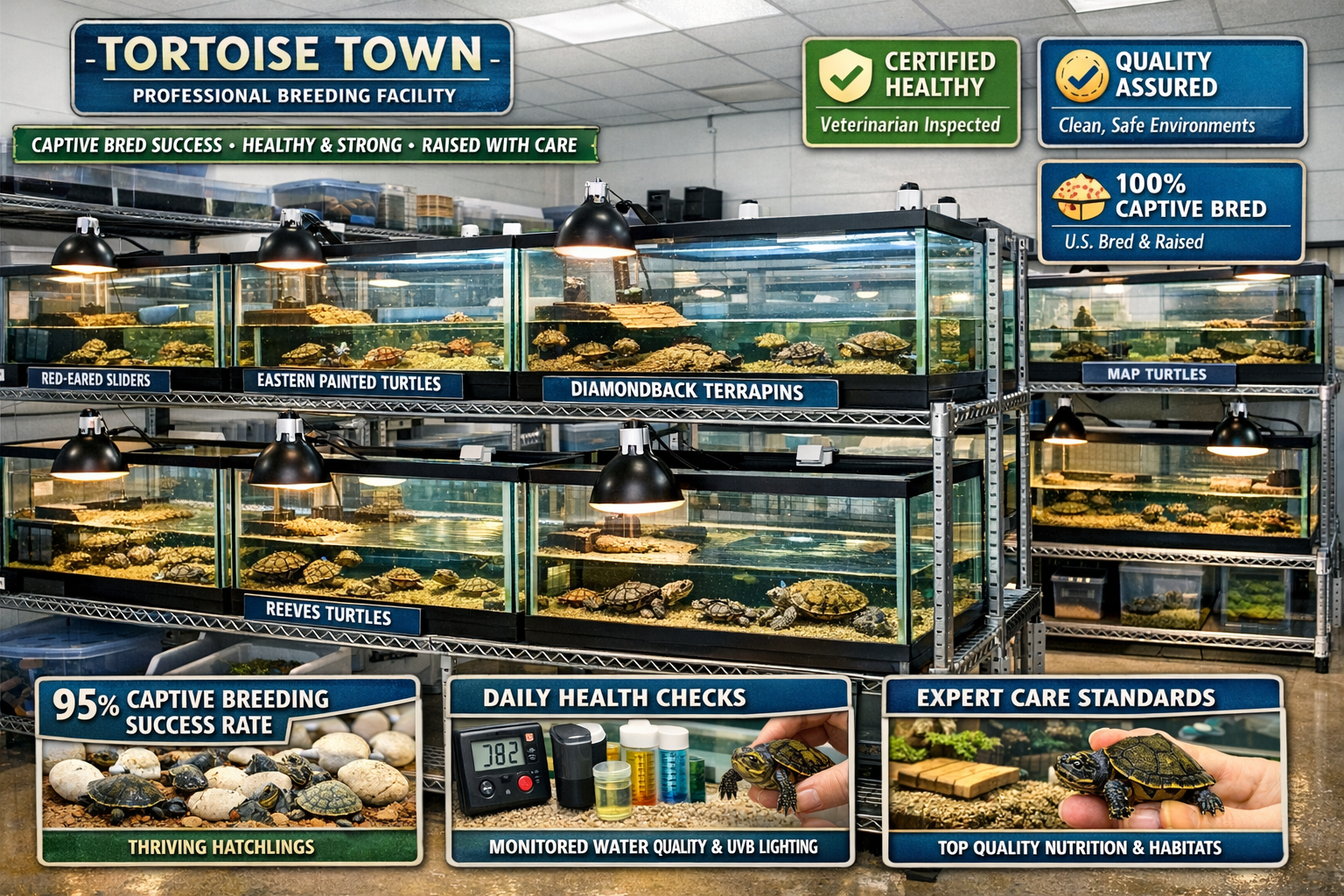 Professional breeding facility showcase displaying rows of clean aquariums housing baby water turtles by species. Tortoise Town facility env