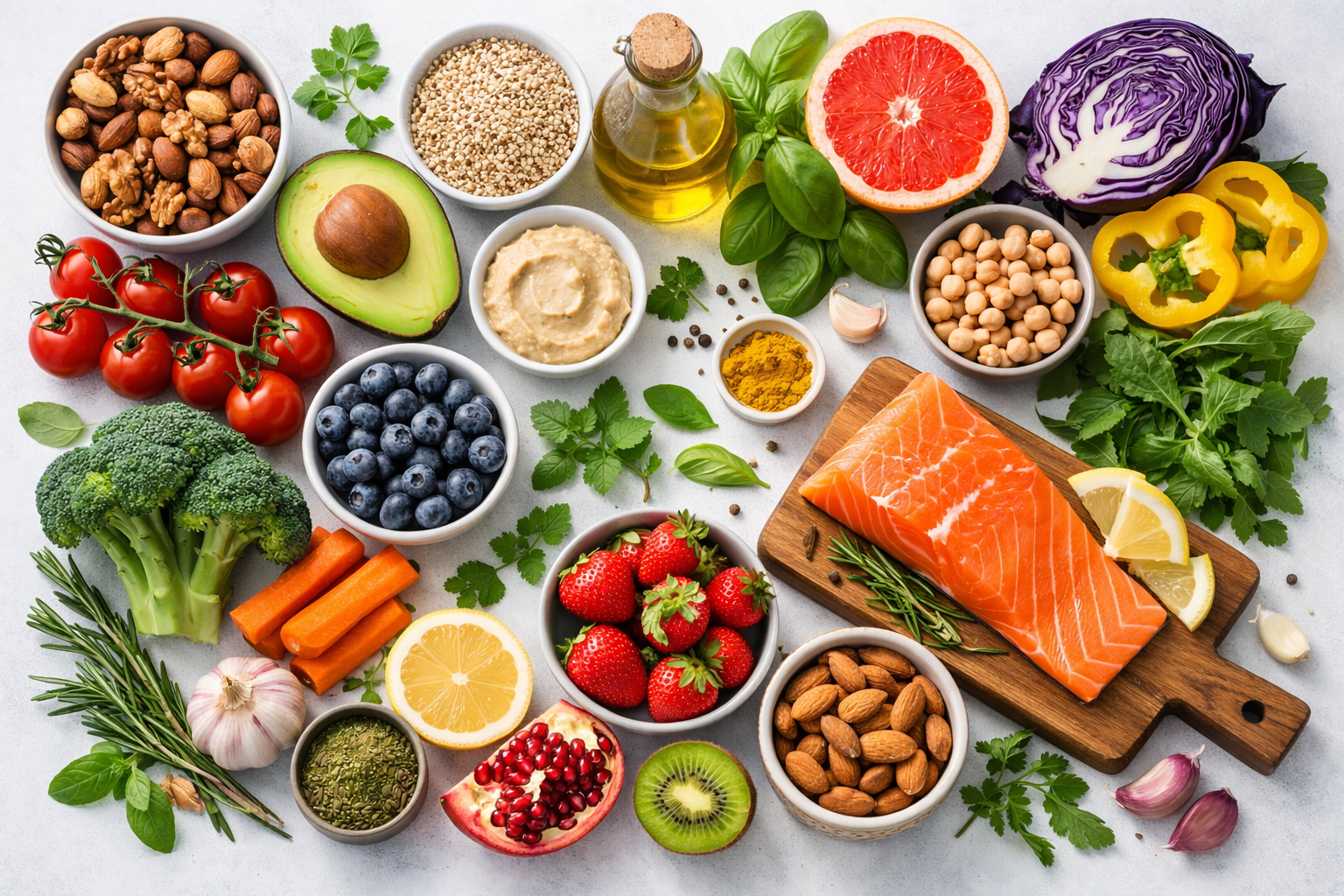 Professional hero image: vibrant overhead flat-lay of colorful whole foods — fresh vegetables, fruits, nuts, olive oil,