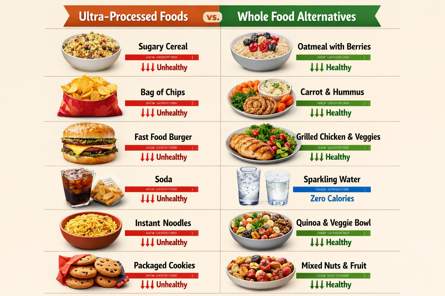 Step-by-step visual guide: a side-by-side comparison table showing 'Ultra-Processed Foods vs. Whole Food Alternatives' with