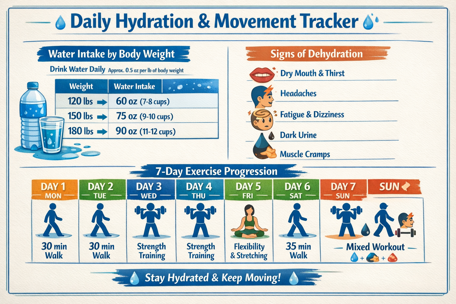 Detailed infographic: 'Daily Hydration & Movement Tracker' showing recommended water intake by body weight, signs of