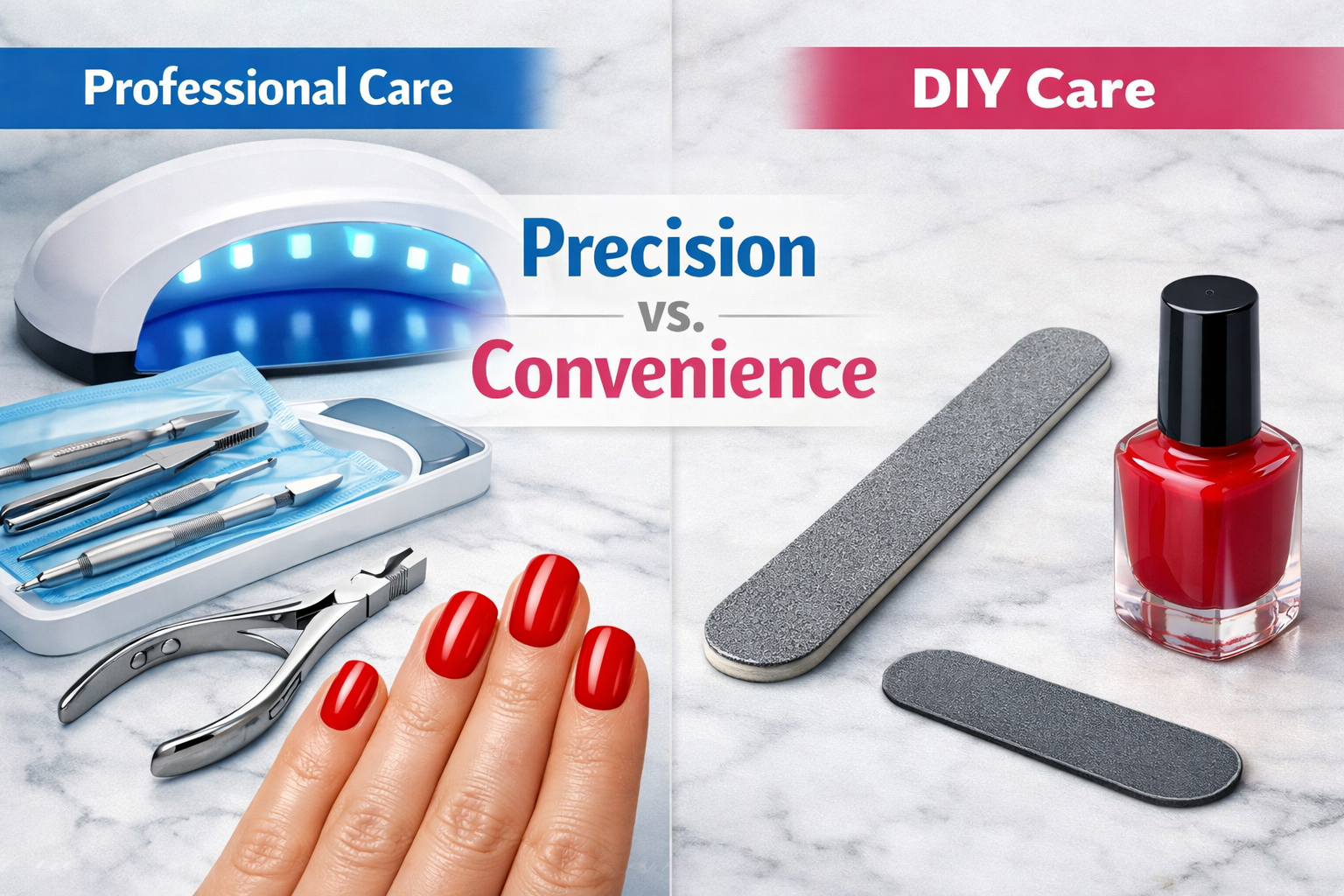 A high-detail comparison infographic style image (). On the left, 'Professional Care' shows a close-up of sterilized