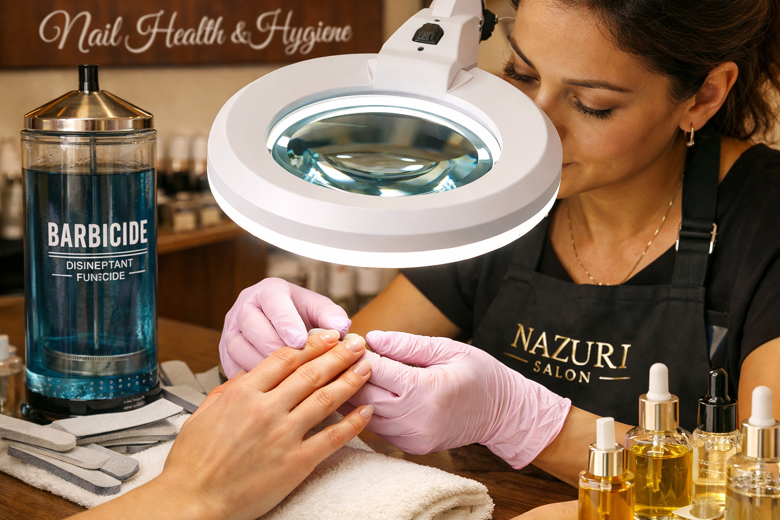 A vivid educational scene () showing a professional nail technician at Nazuri Salon examining a client's cuticles under a