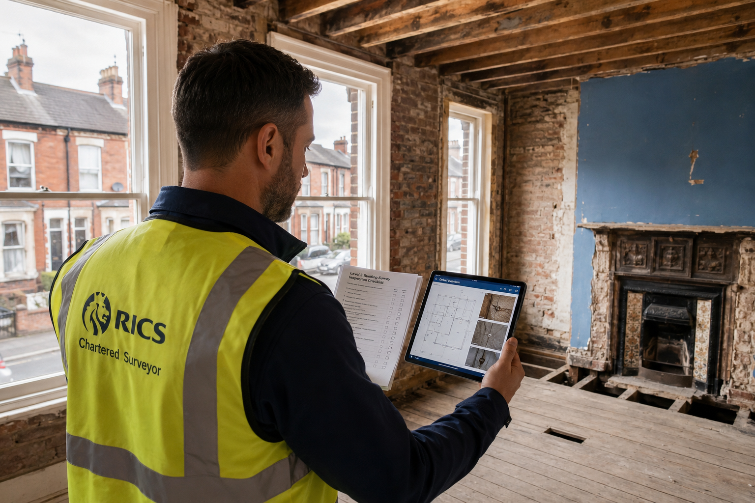 Wide-angle editorial photograph of a RICS-accredited chartered surveyor in high-visibility vest conducting a Level 3