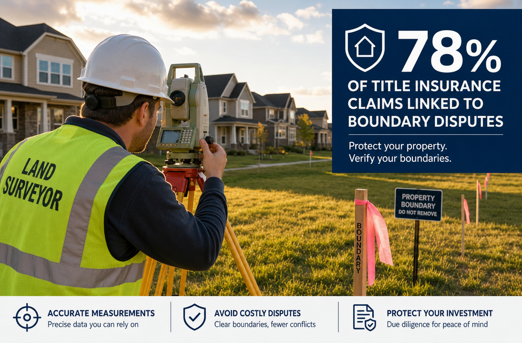 Wide-angle editorial photograph of a professional land surveyor using a modern total station theodolite instrument on a