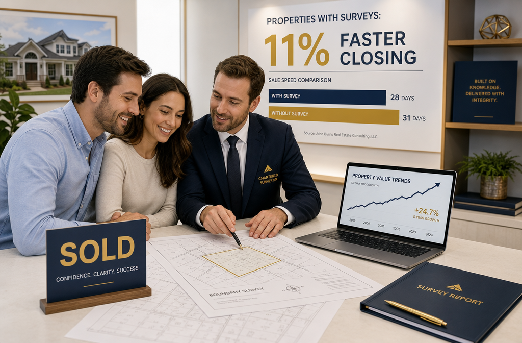 Clean modern infographic-style editorial image showing a confident home buyer couple reviewing survey documents with a