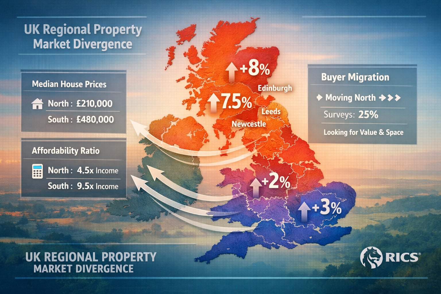 Detailed landscape format (1536x1024) image showing UK regional property market divergence visualization with detailed heat map of England a