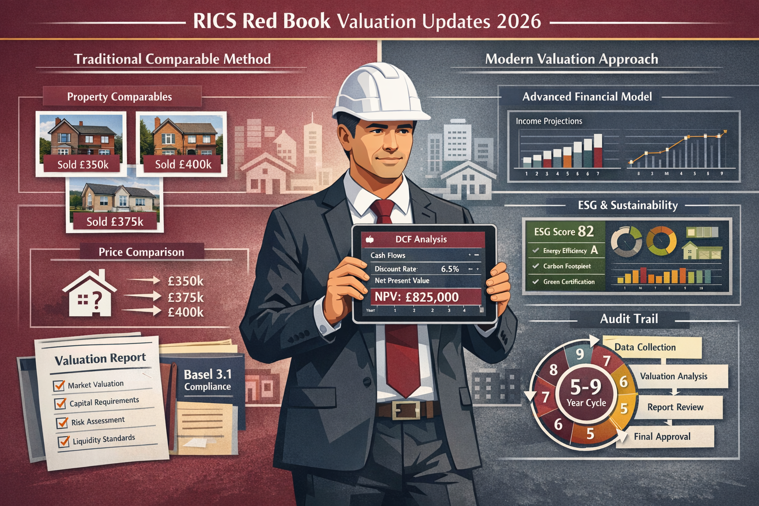 Detailed landscape format (1536x1024) technical illustration demonstrating RICS Red Book valuation methodology updates for 2026. Central foc