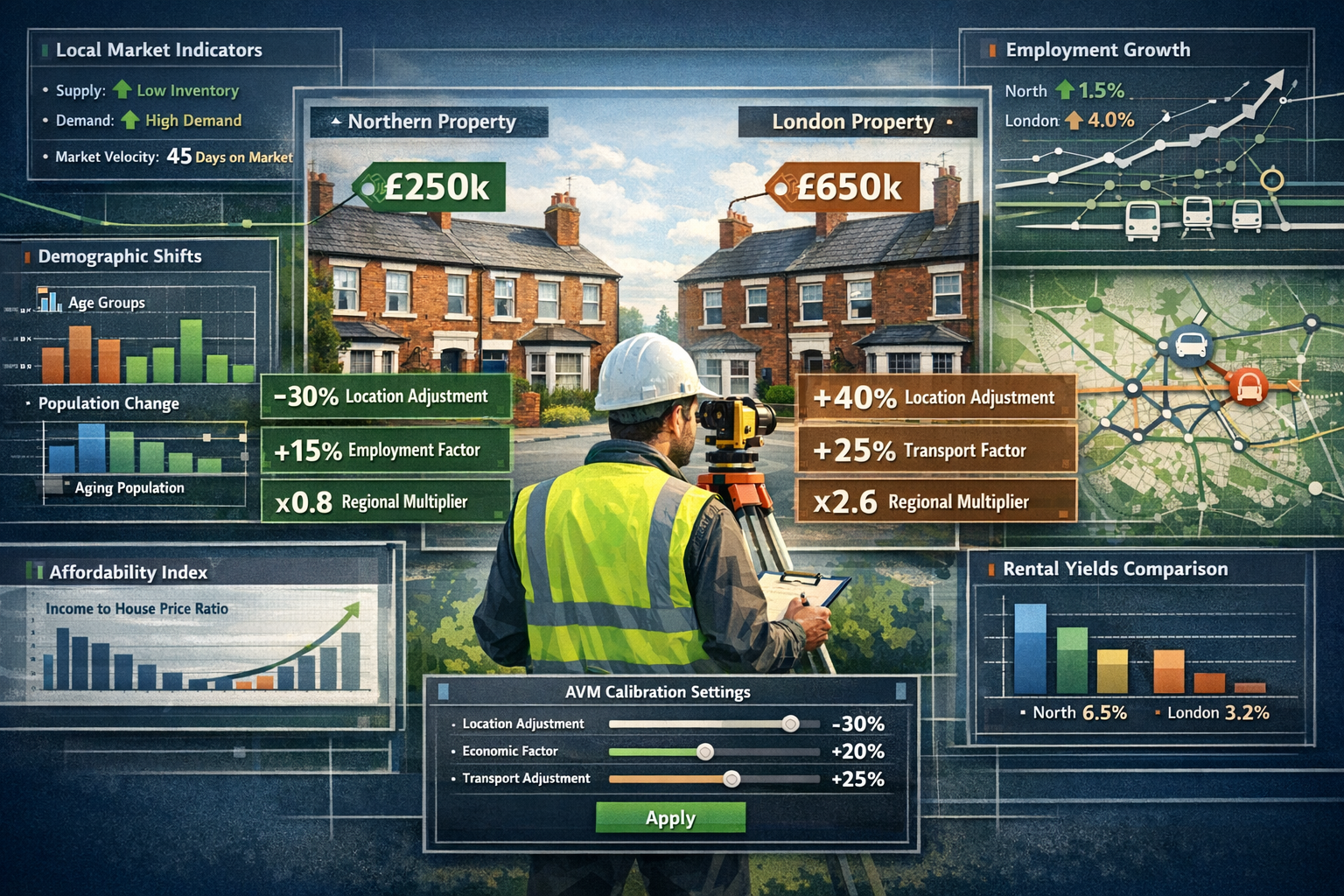 Detailed landscape format (1536x1024) image showcasing practical regional valuation adjustment techniques for North-South market divergence.