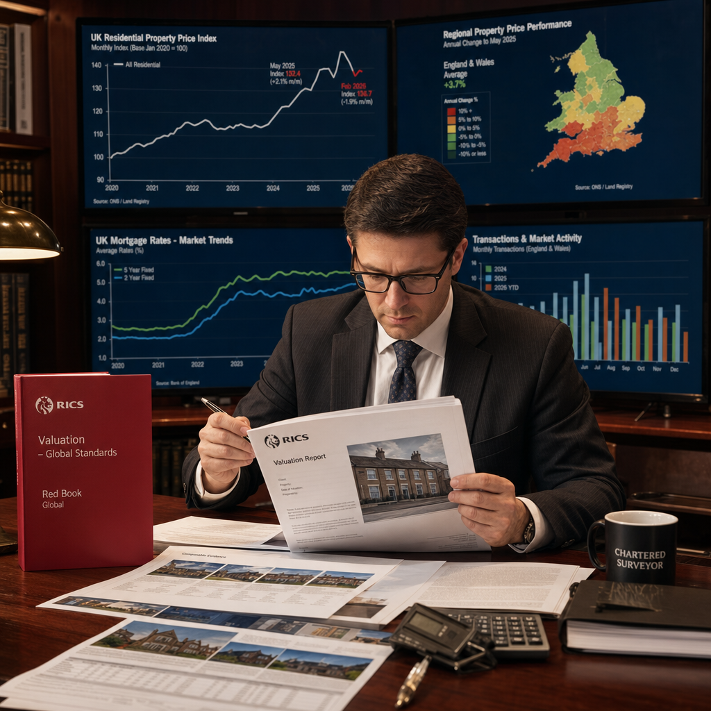 Detailed () infographic-style image showing a UK chartered surveyor at a large wooden desk reviewing RICS Red Book valuation