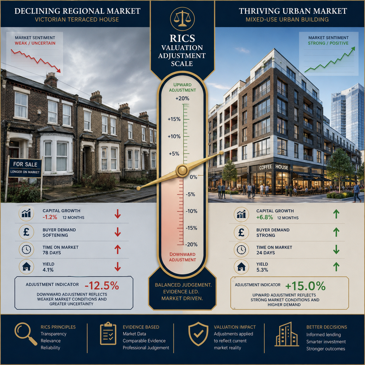 () split-panel concept illustration showing two contrasting UK property scenarios side by side: left panel depicts a
