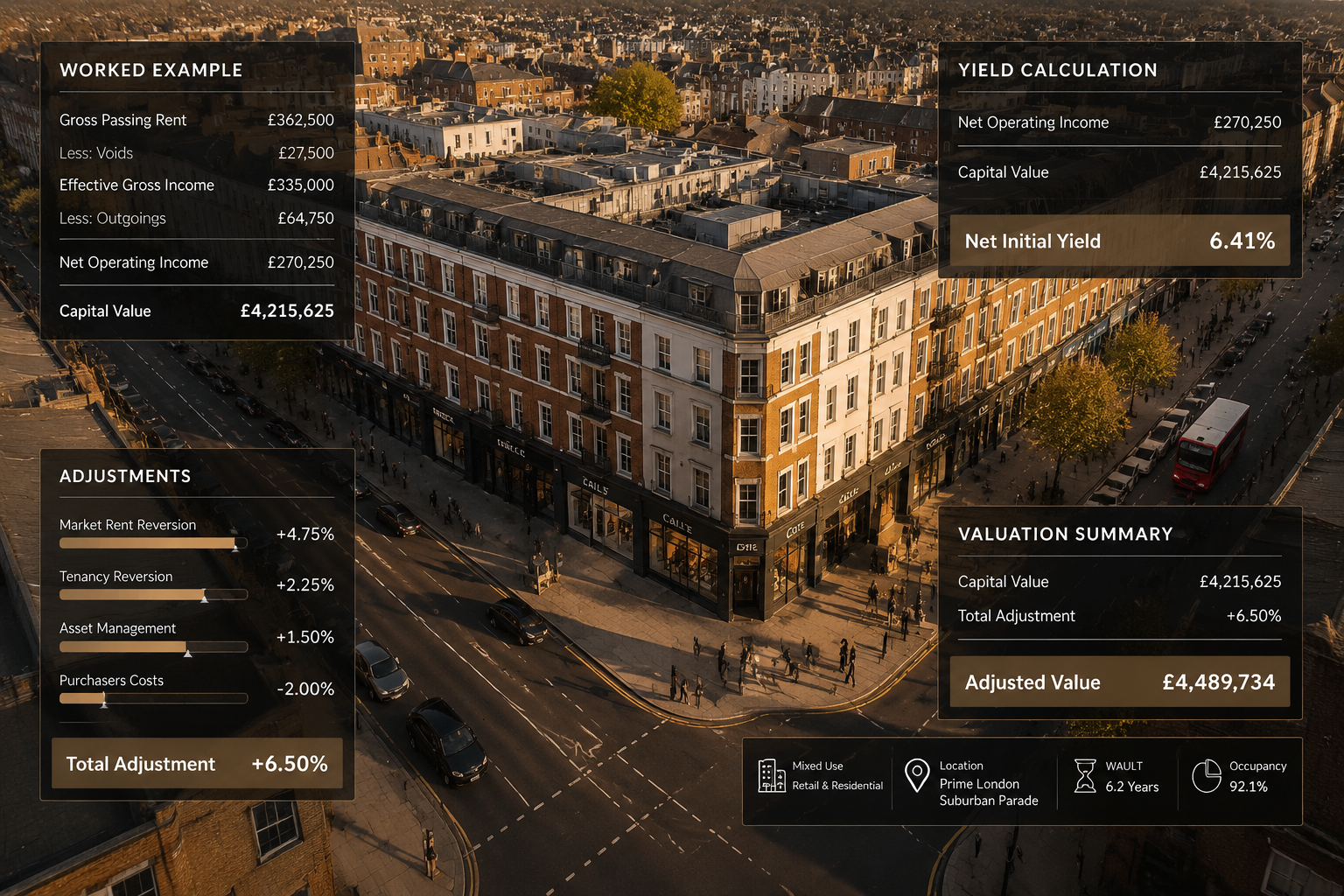 () aerial bird's-eye view photograph of a mixed-use UK urban street showing a blend of residential flats above commercial