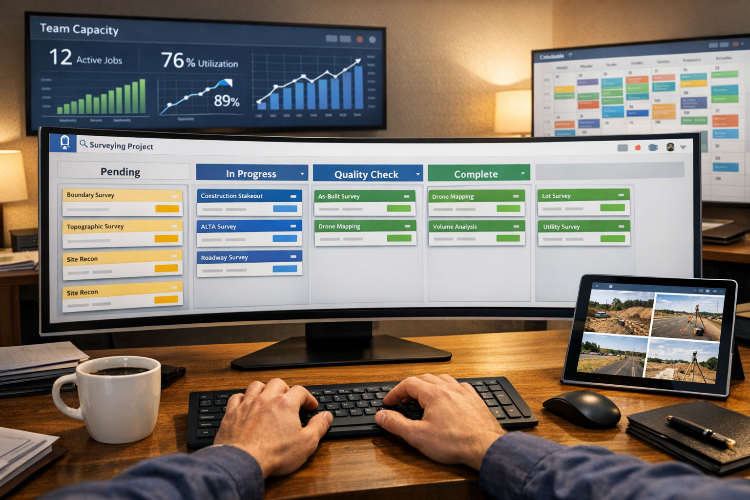 Detailed () image showing modern surveying workflow optimization scene: central focus on large curved ultrawide monitor
