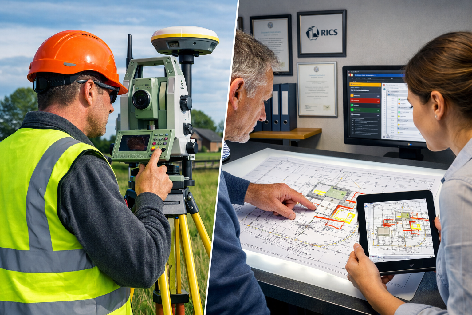 Detailed () image depicting quality control and technology integration in surveying: split-screen composition showing left