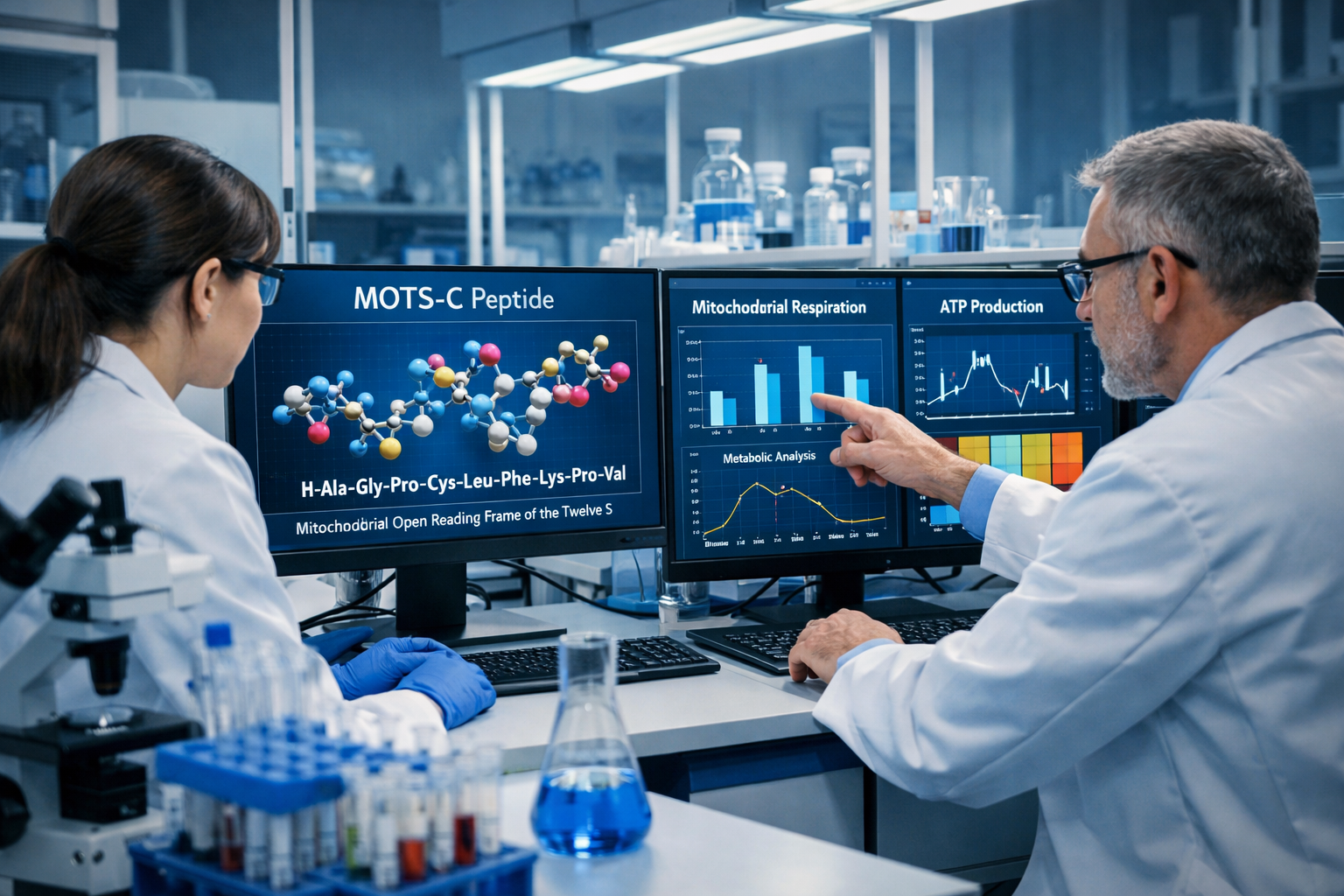 Scientific research laboratory scene showing MOTS-C peptide molecular structure diagrams on computer screens, researchers analyzing mitochon