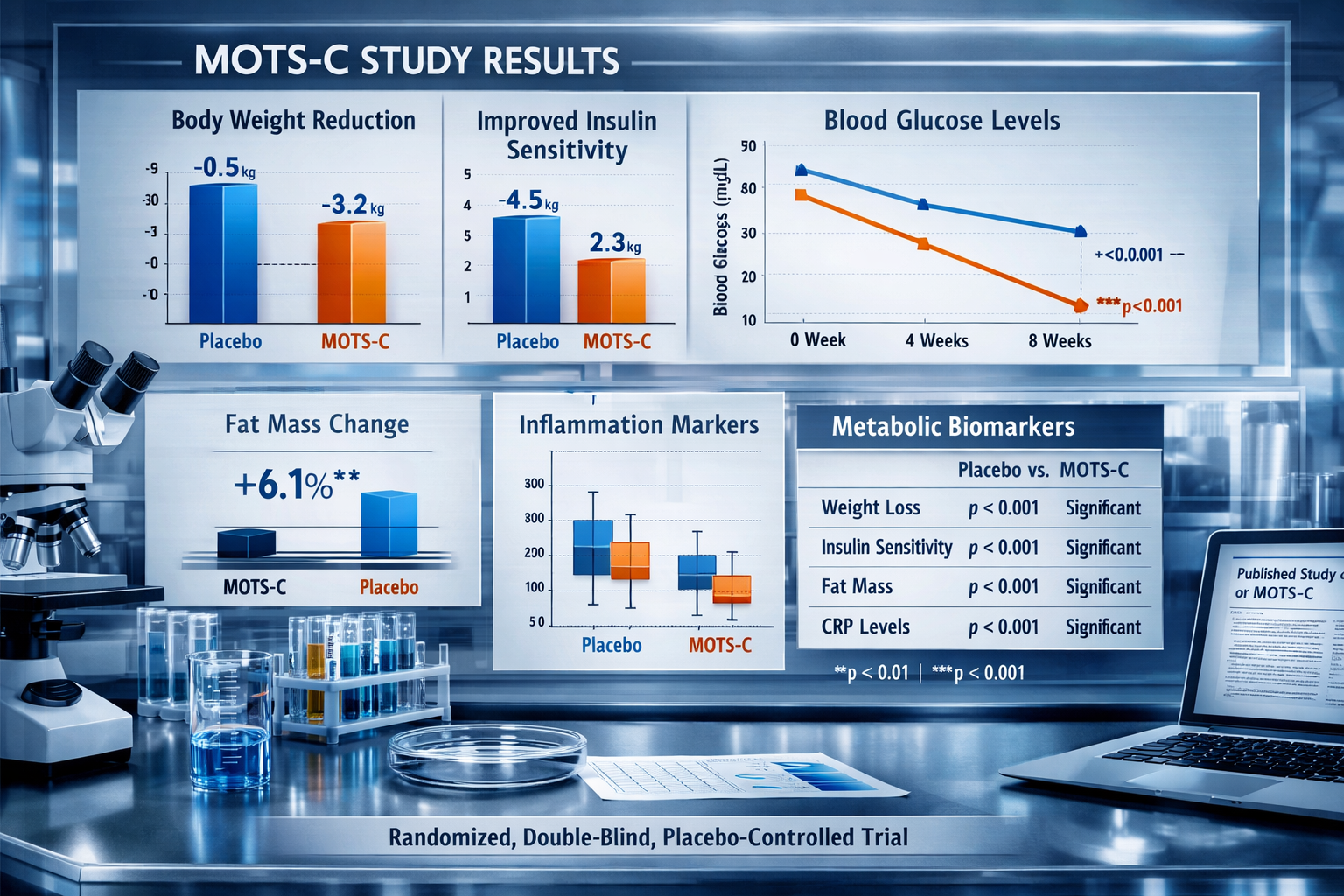 Research data visualization showing MOTS-C study results with bar graphs, trend lines, statistical analysis charts, laboratory equipment in 
