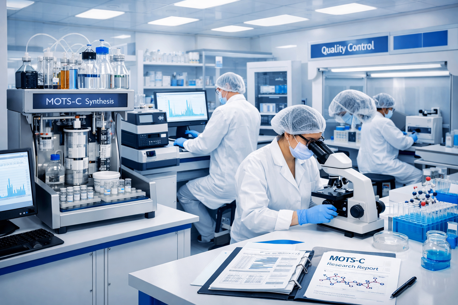 Professional peptide research facility showing MOTS-C synthesis equipment, quality control testing stations, research documentation, scienti